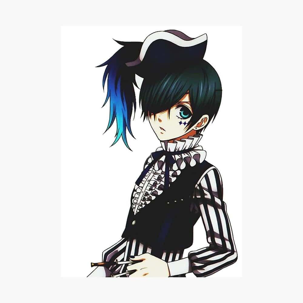 Ciel Phantomhive 桌布 壁紙 — 動漫角色，深藍色頭髮，一隻可見的眼睛，穿著黑白條紋服裝，手持劍。