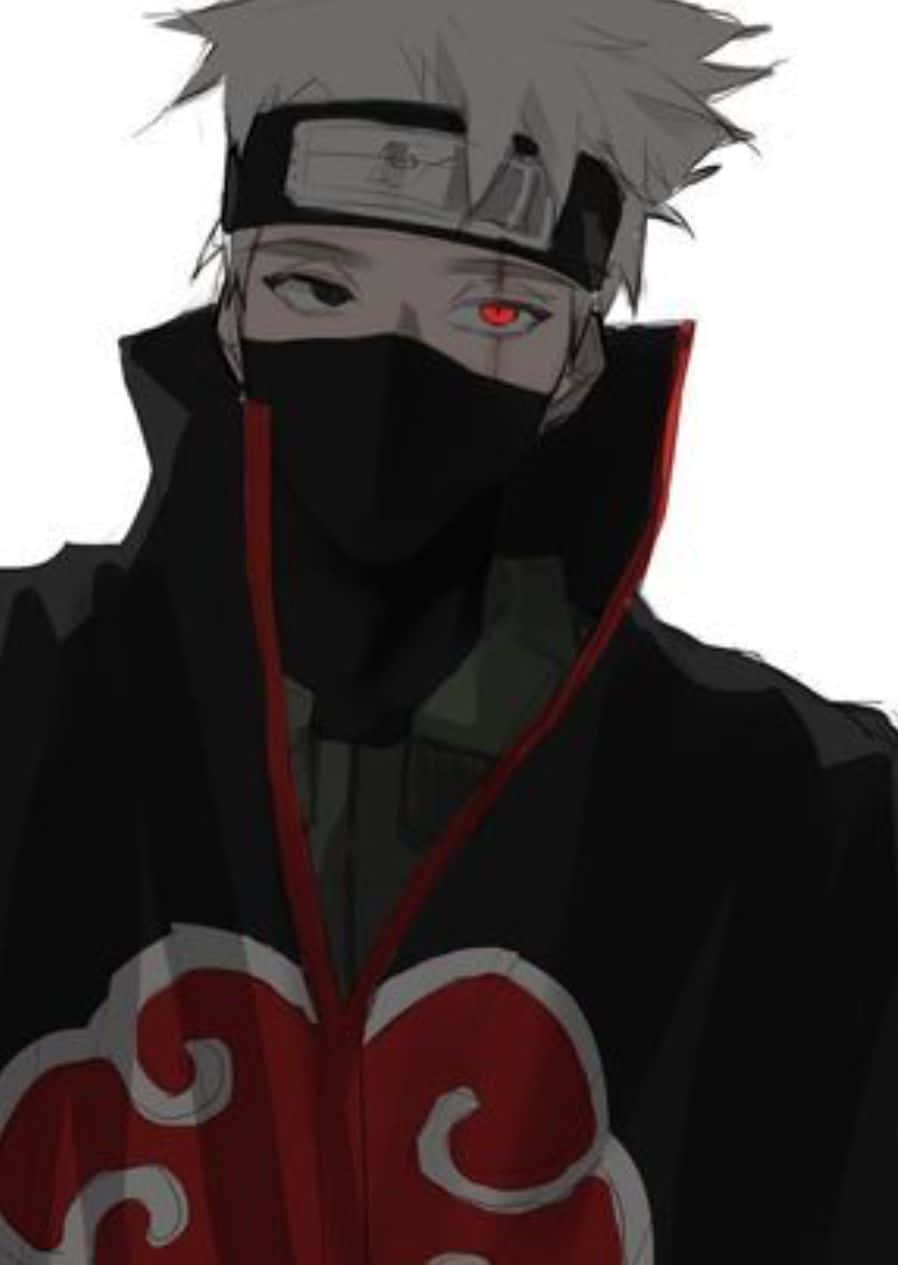 Akatsuki Kakashi 桌布 壁紙 — 動漫角色，灰色刺蝟頭，紅色雲紋斗篷，發光的紅色眼睛，在白色背景下強烈凝視。