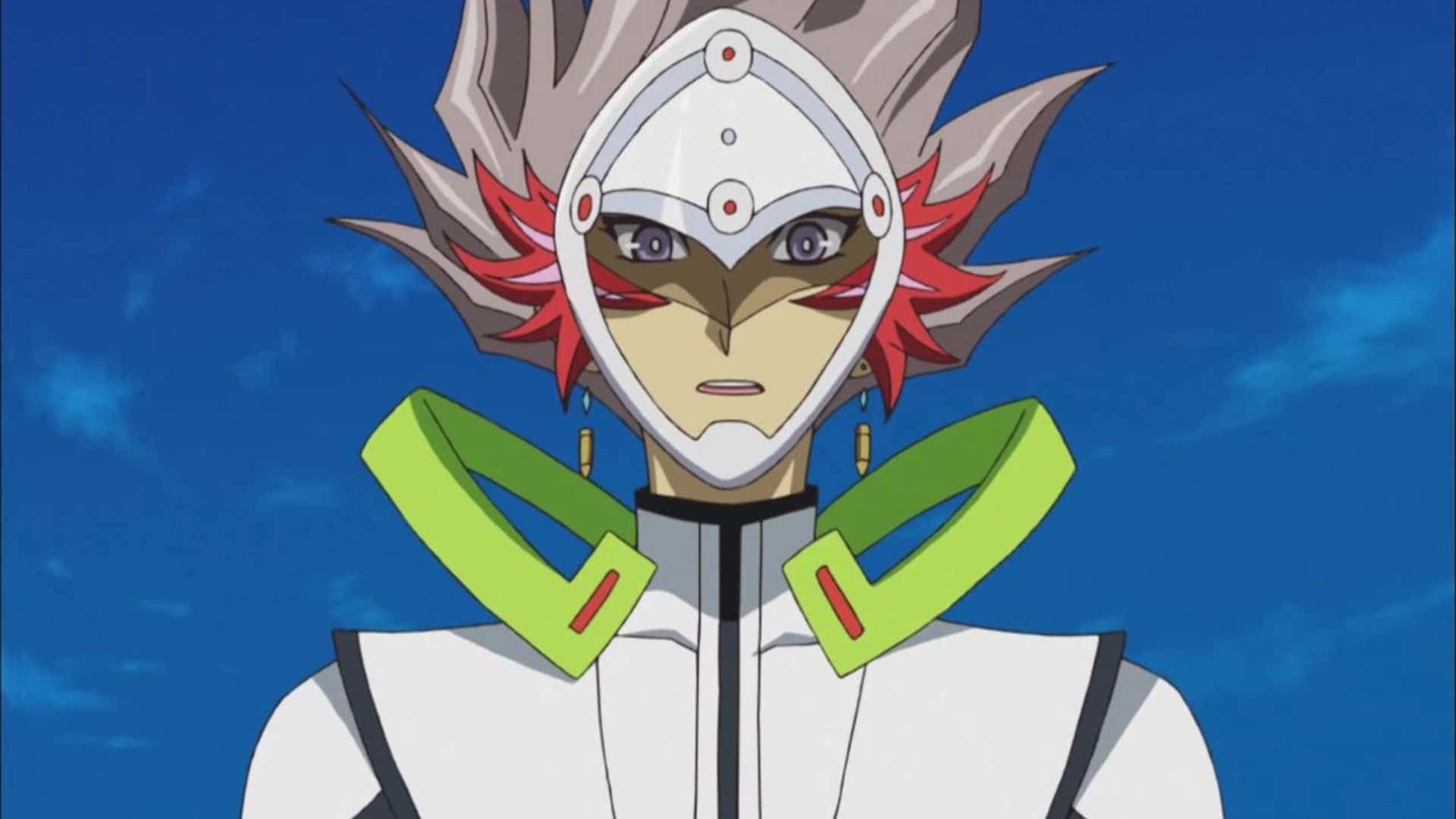 Ryoken Kogami 桌布 壁紙 — 動漫角色，灰色和紅色刺狀頭髮，戴白色頭盔和綠色領子，背景為藍天。
