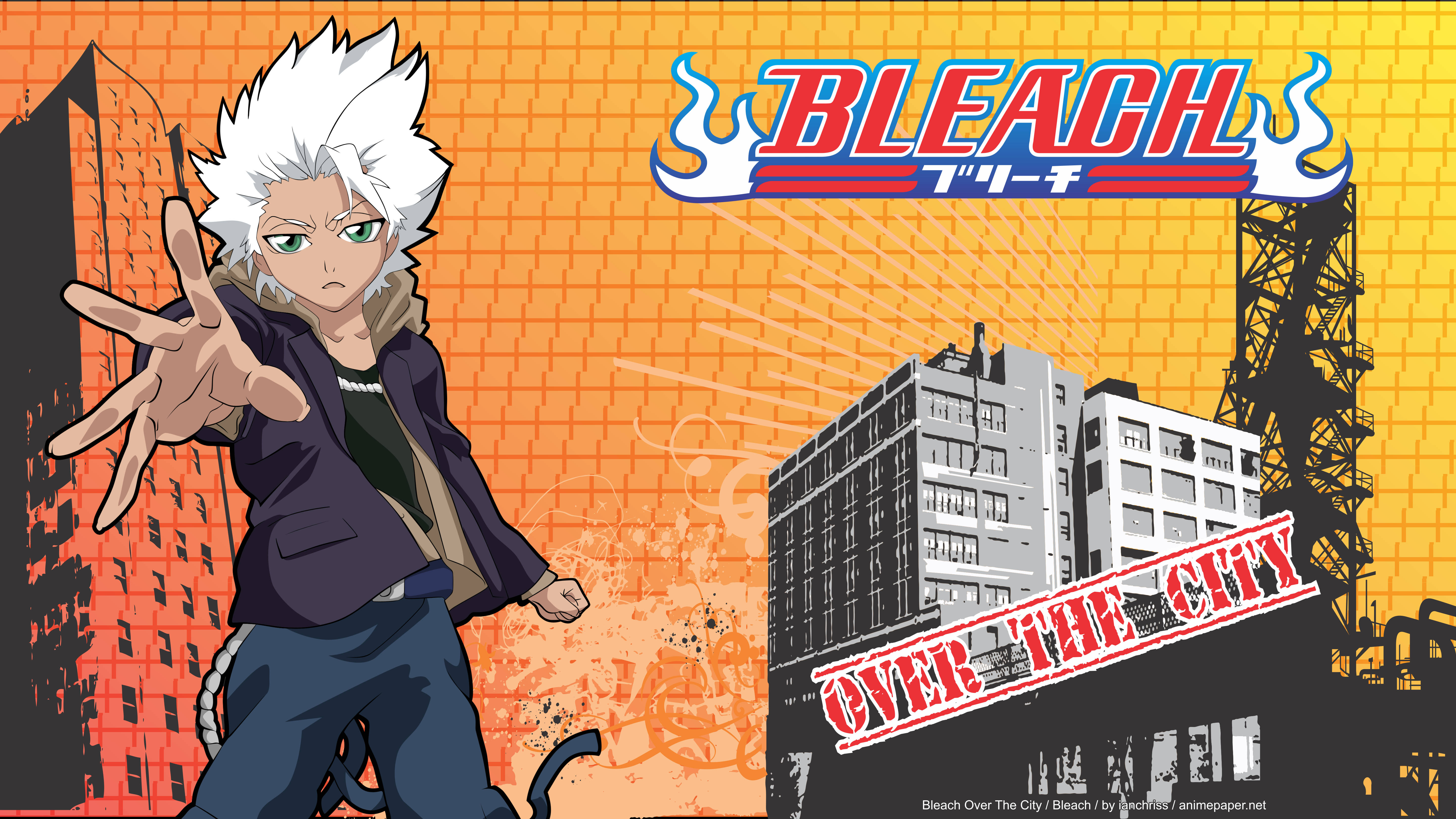 Bleach Anime 桌布 壁紙 — 動漫角色，白色尖刺頭髮，綠色眼睛，以動態姿勢站在風格化的橙色城市景觀前，帶有Bleach標誌。