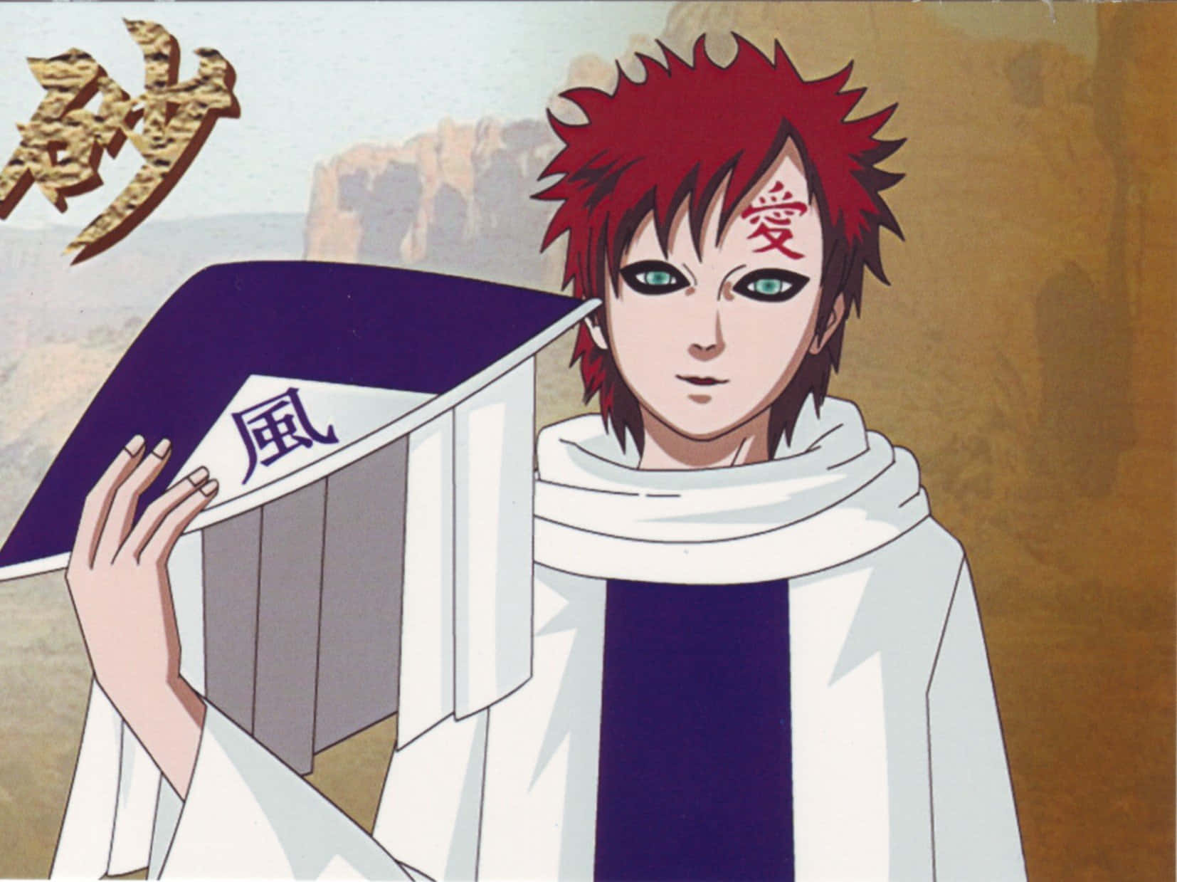 Naruto Kage 桌布 壁紙 — 動漫角色，紅色刺蝟頭，綠色眼睛，在沙漠峽谷背景下手持帶有漢字的紫色卷軸。