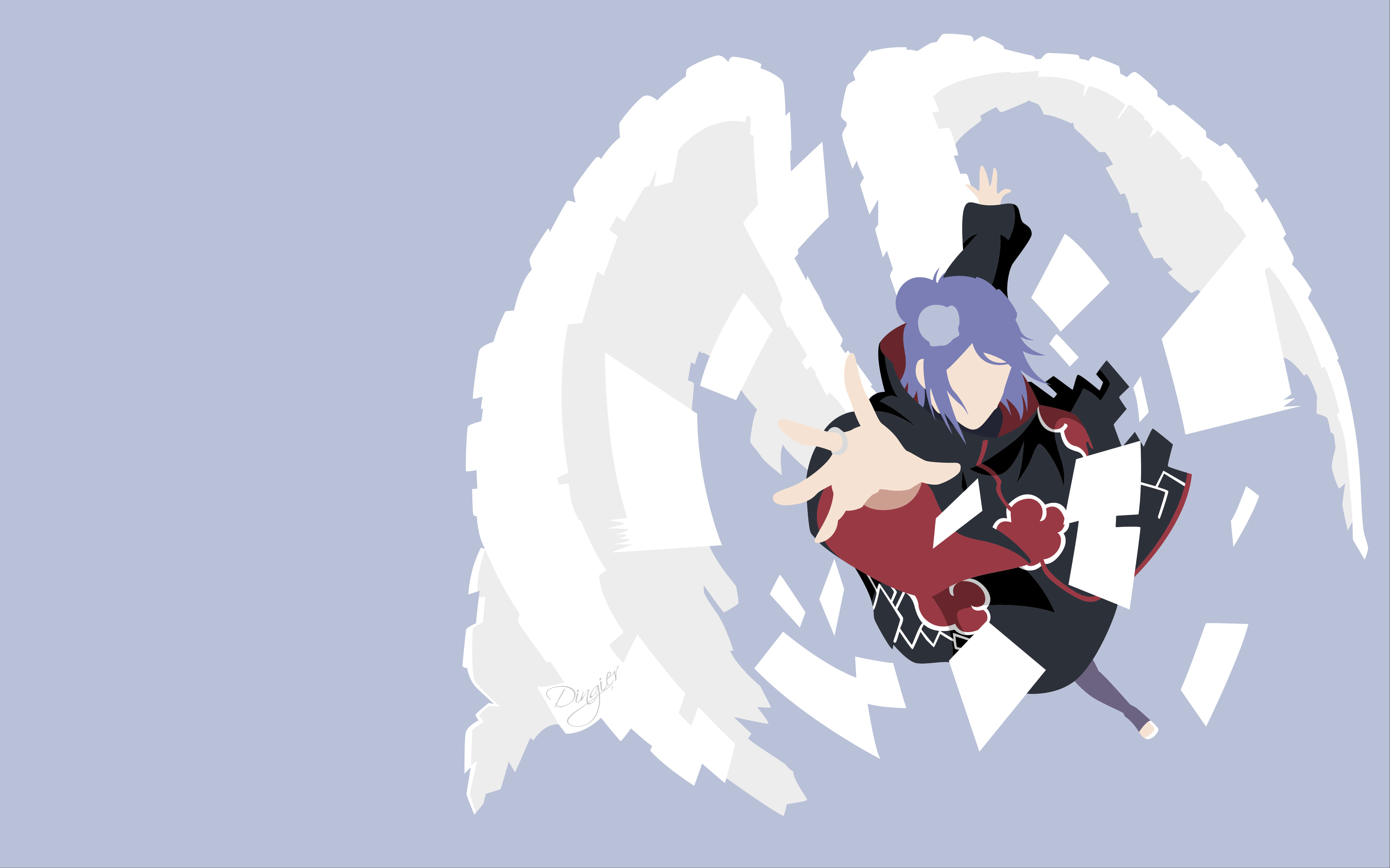 Konan 桌布 壁紙 — 動漫角色，紫色頭髮，黑色斗篷，被白色翼狀碎片包圍，背景為淡藍色。