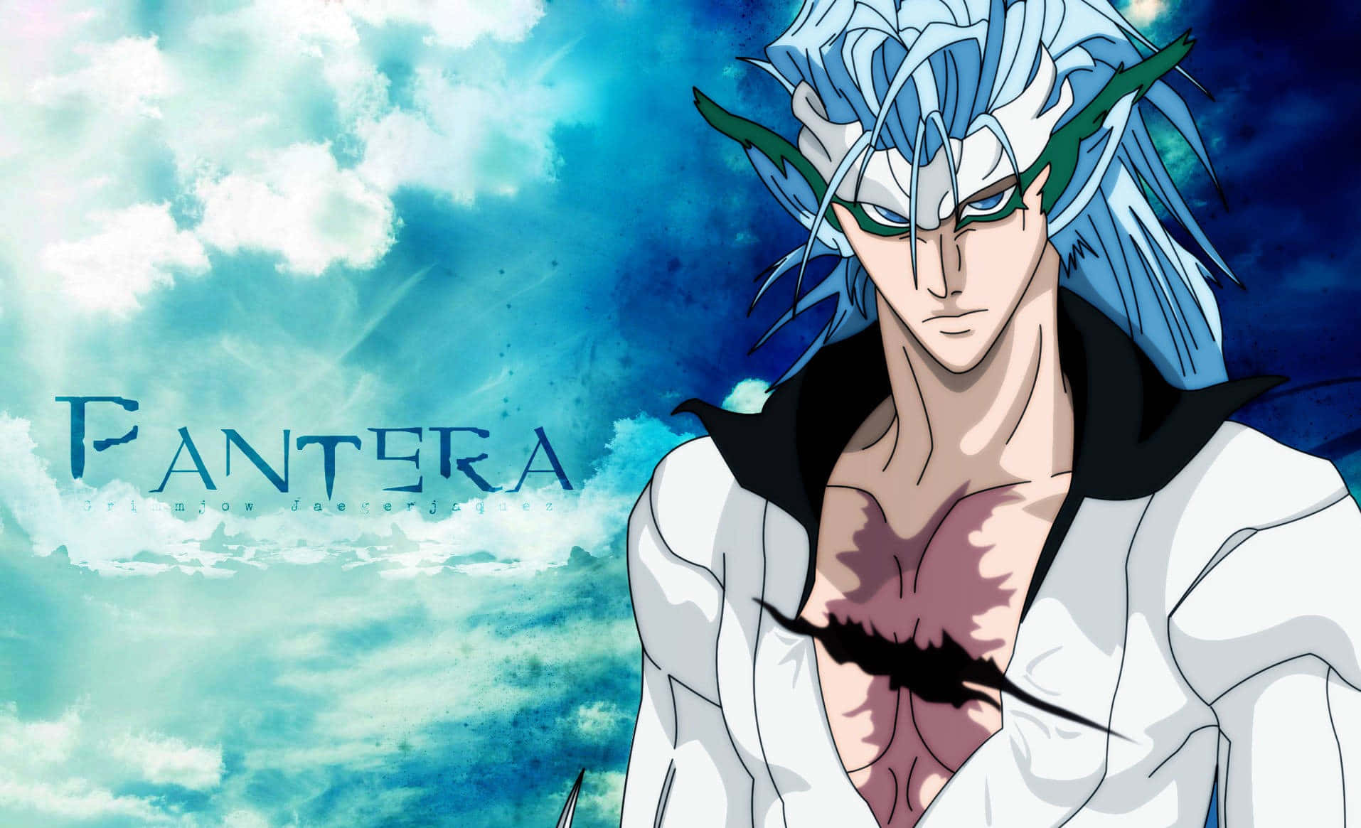 Grimmjow Jaegerjaquez 桌布 壁紙 — 動漫角色，藍色尖刺頭髮，綠色眼睛，站在充滿活力的藍天白雲前。