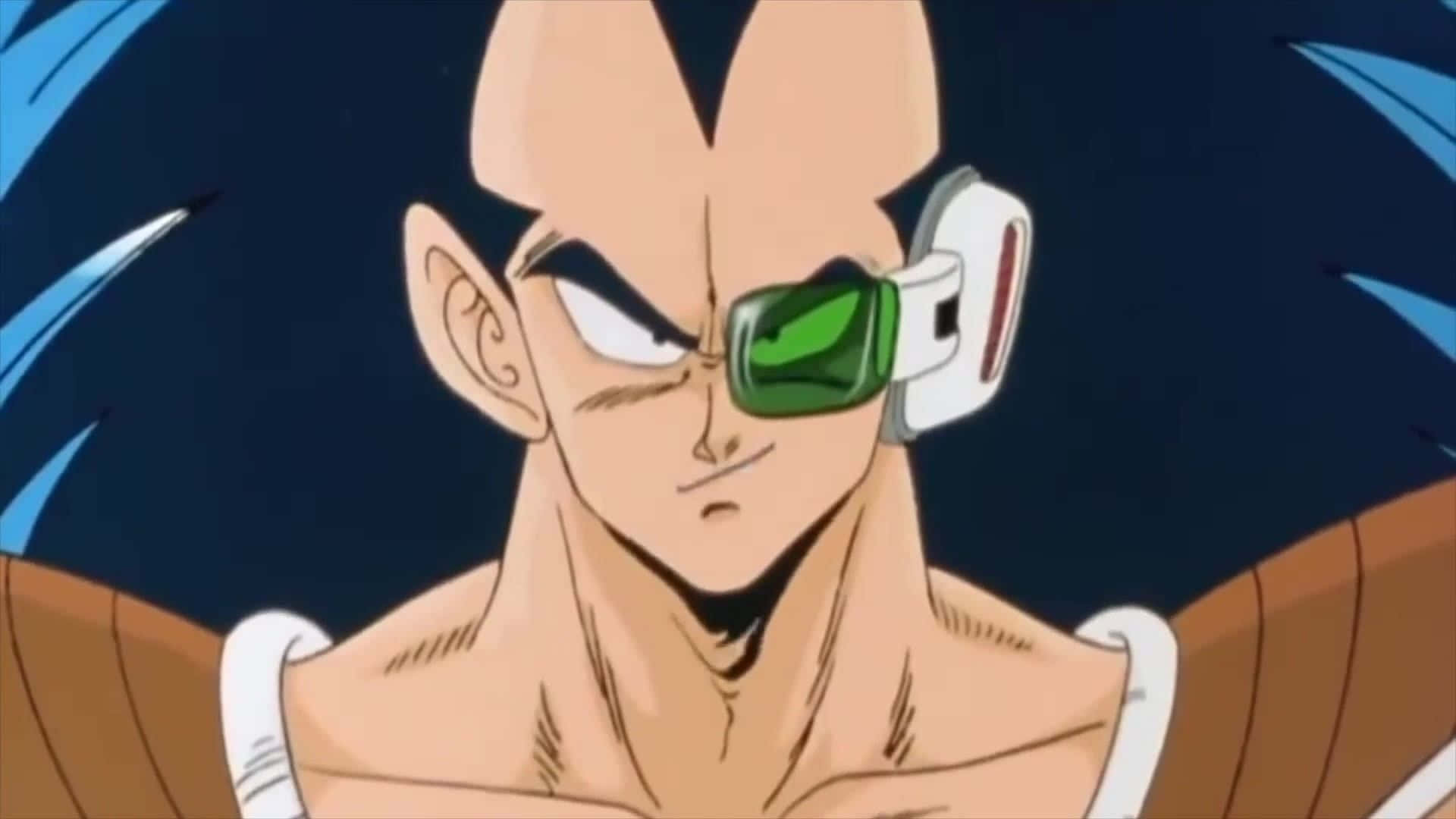 Raditz 桌布 壁紙 — 動漫角色，藍色尖刺頭髮，綠色眼罩，在黑暗背景下凝視。
