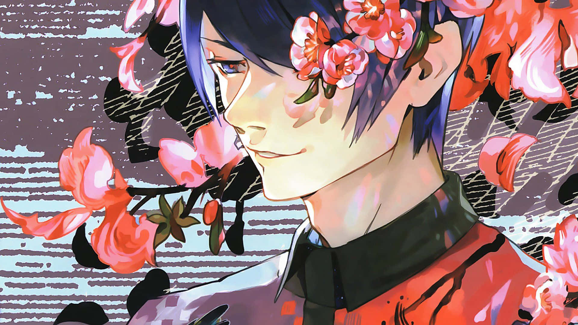 Shuu Tsukiyama 桌布 壁紙 — 動漫角色，藍色頭髮，粉紅色櫻花飄浮在臉部周圍，背景為紋理灰色。