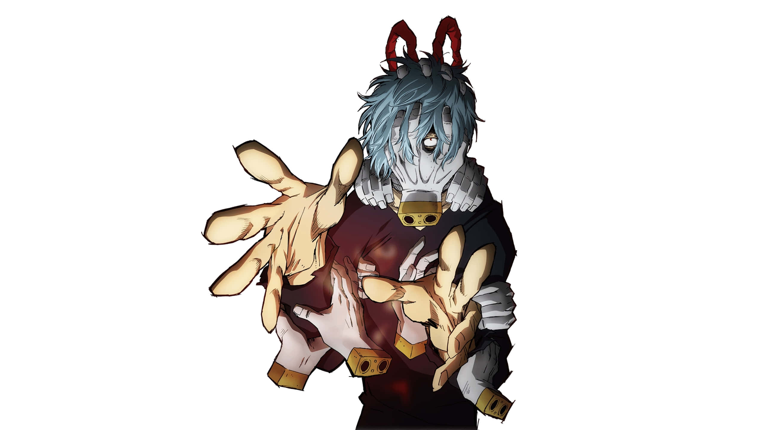 Tomura Shigaraki 桌布 壁紙 — 動漫角色，藍色頭髮，紅色角，戴面具的臉，在純白背景前伸出雙手。