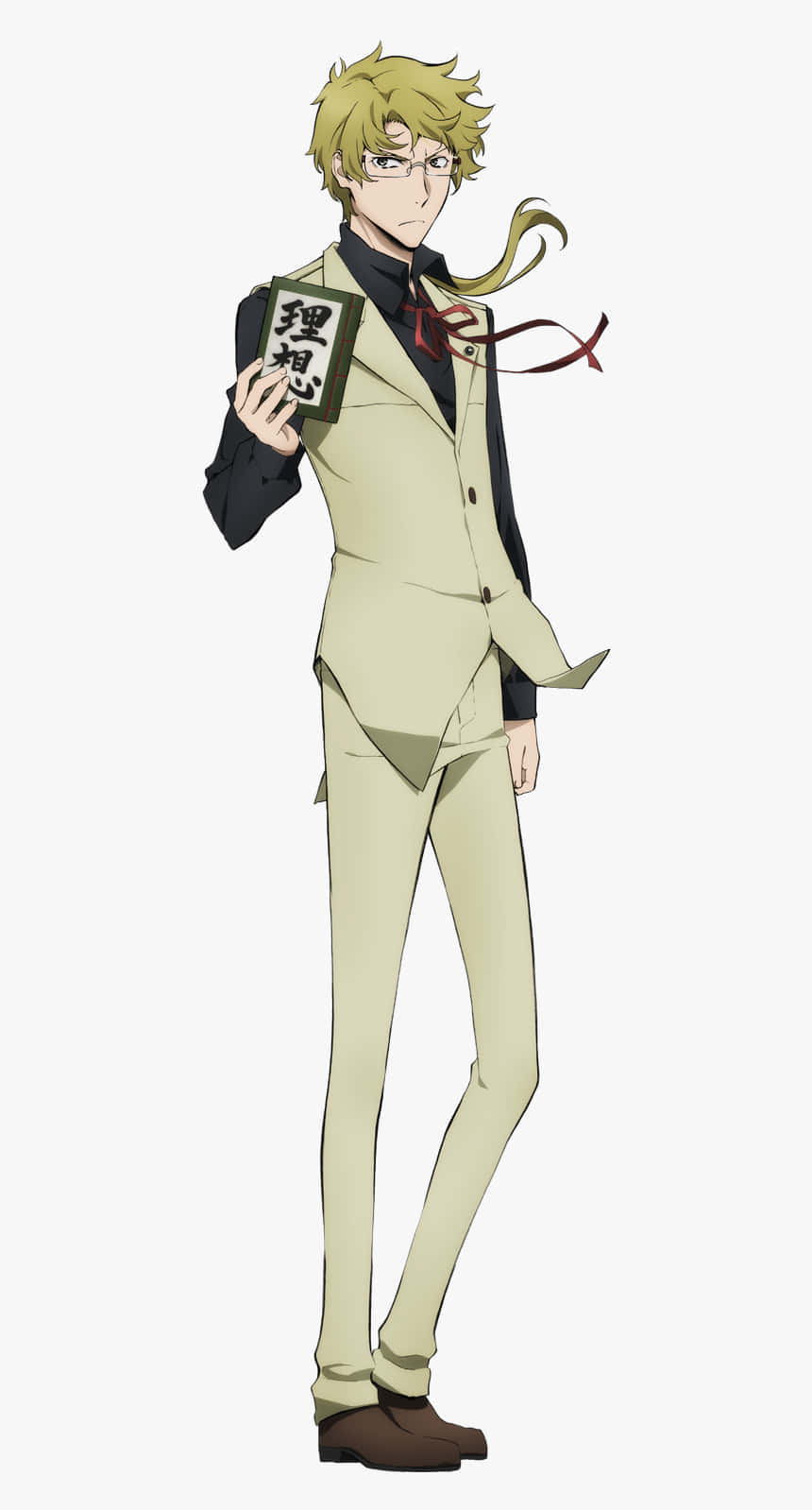 Kunikida 桌布 壁紙 — 動漫角色，金色刺蝟頭，戴眼鏡，身穿米色西裝，手持一本有漢字的書，背景為純色。