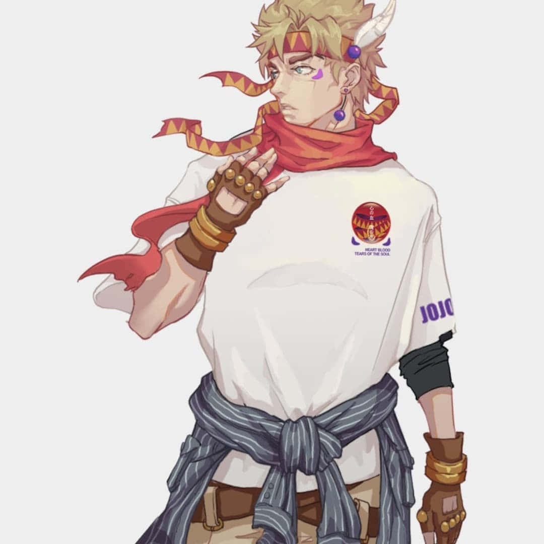 Caesar Anthonio Zeppeli 桌布 壁紙 — 動漫角色，金色刺蝟頭，紅色圍巾，自信地穿著白襯衫和條紋褲擺姿勢。