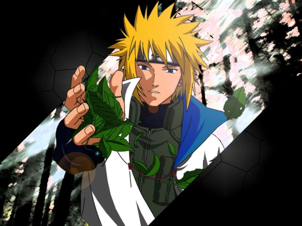 Fourth Hokage 桌布 壁紙 — 動漫角色，金色尖刺頭髮，在黑暗裂紋背景前手持綠葉，背景有櫻花。
