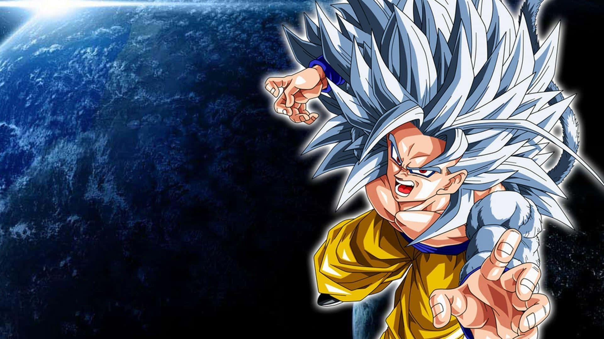 Saiyan 桌布 壁紙 — 動漫角色，銀色尖刺頭髮，身穿黃色道服，在太空地球背景下向前出拳。