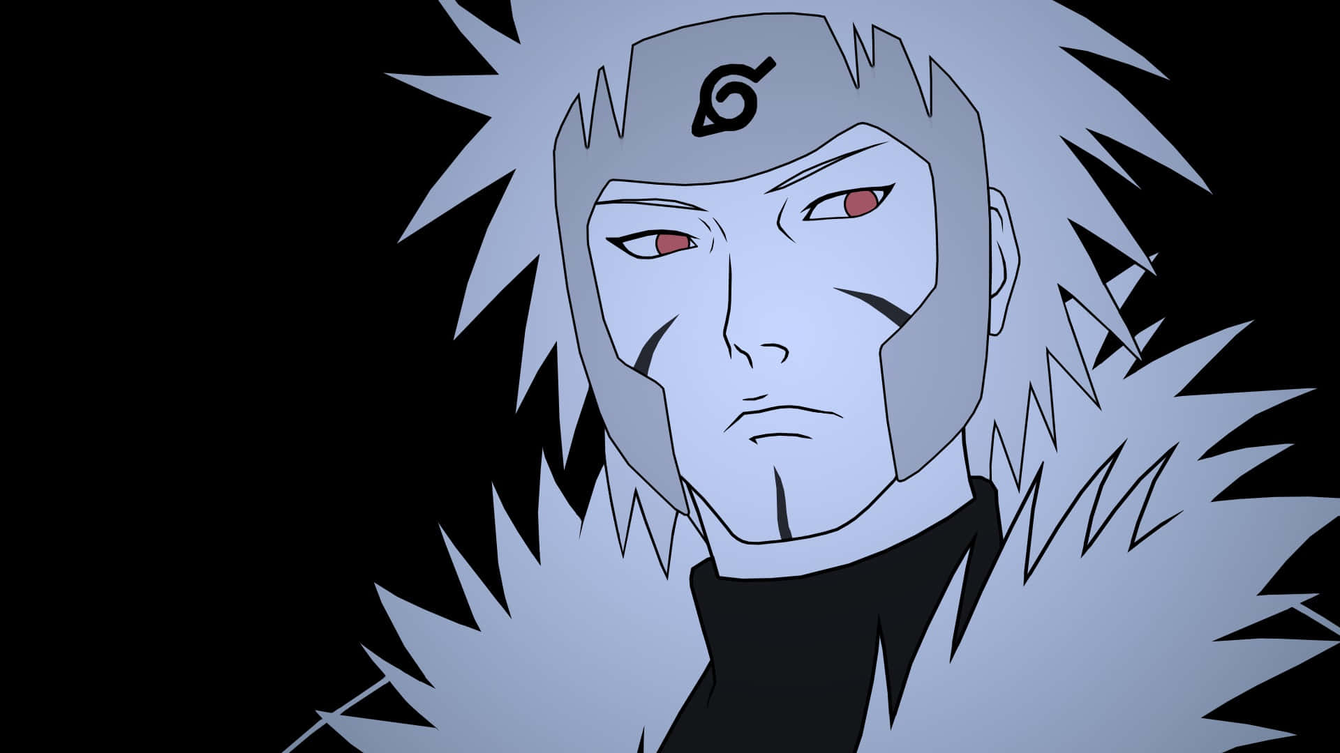 tobirama senju 桌布 壁紙 — 動漫角色，銀色尖刺頭髮和紅色眼睛，在黑色背景下強烈凝視。