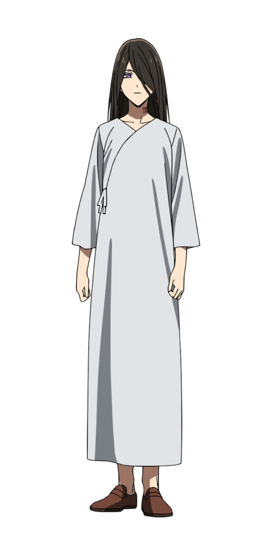 The Promised Neverland Isabella 桌布 壁紙 — 動漫角色，長著深色長髮和紫色眼睛，穿著簡單的淺灰色長袍和棕色鞋子，站在純白色背景前。