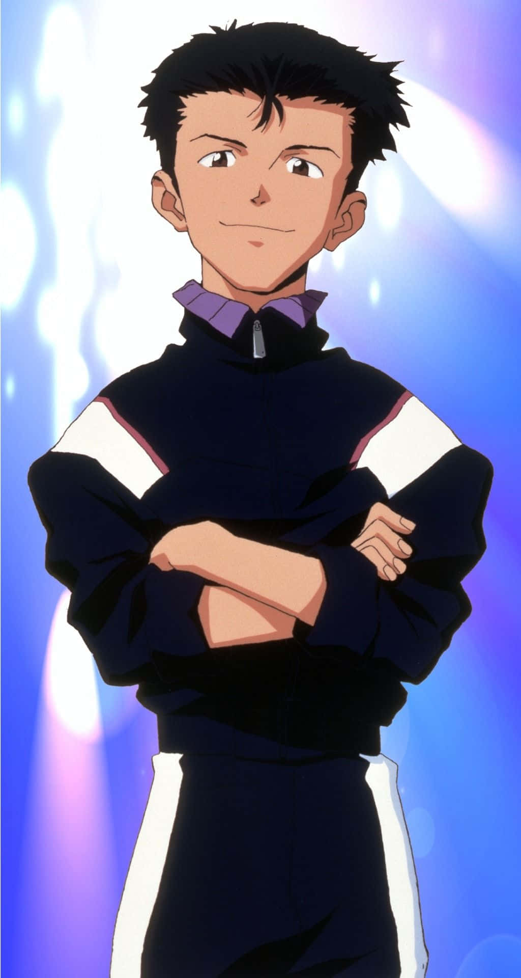 Toji Suzuhara 桌布 壁紙 — 動漫角色，黑色刺蝟頭，自信地微笑，雙臂交叉，站在發光的藍色背景前。