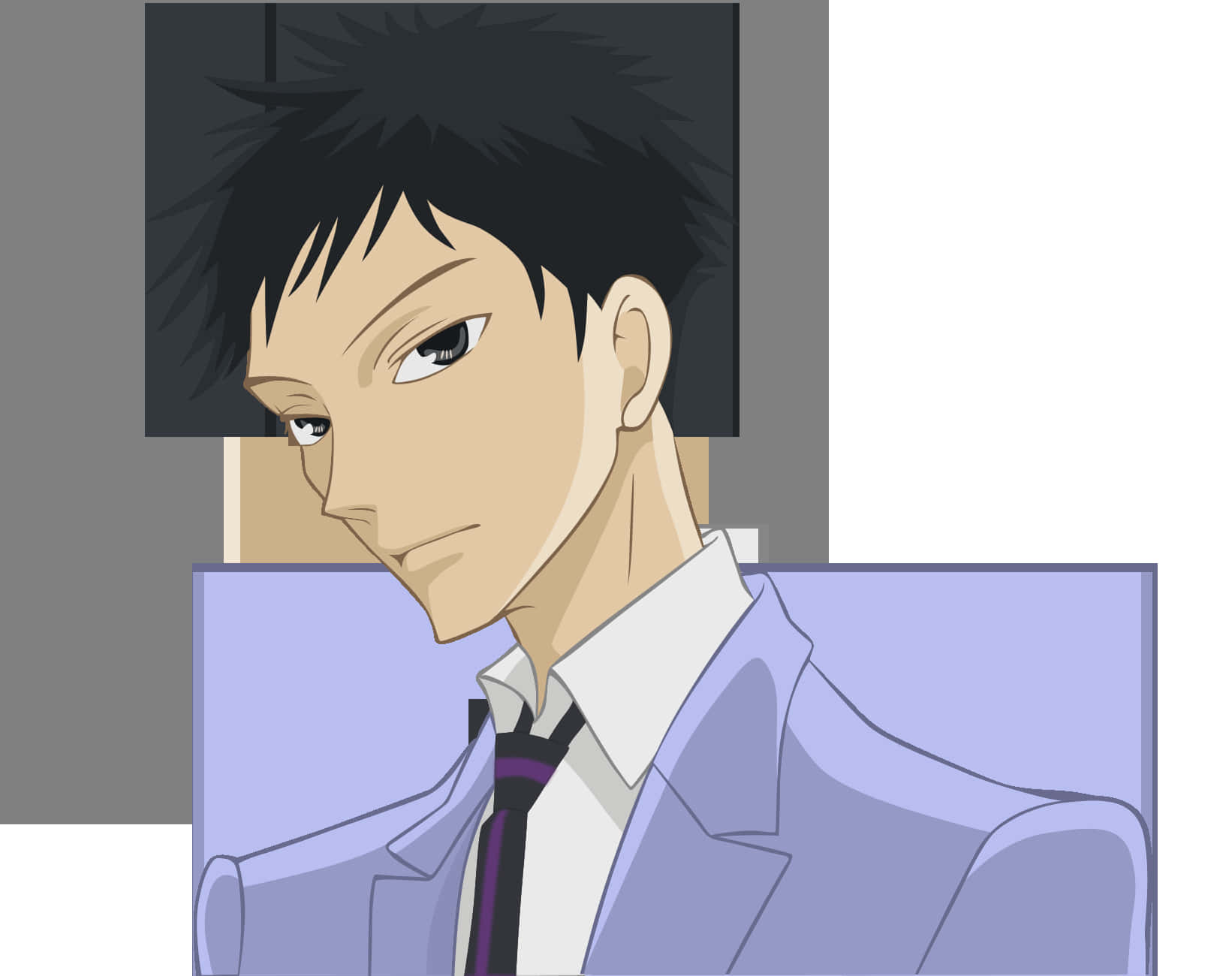 Takashi Morinozuka 桌布 壁紙 — 動漫角色，黑色刺蝟頭，表情嚴肅，身穿薰衣草色西裝和紫色領帶，背景簡約。