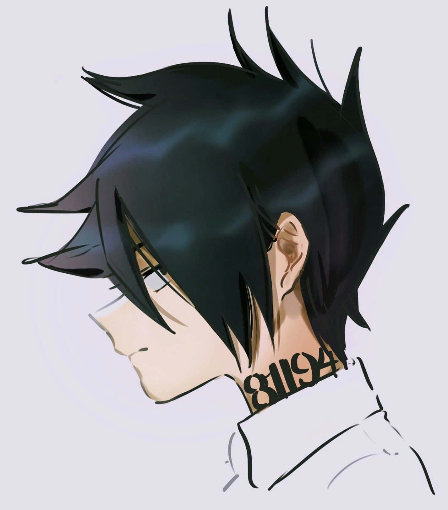 The Promised Neverland Ray 桌布 壁紙 — 動漫角色，黑色刺蝟頭，頸部有紋身，側面輪廓，背景簡潔。