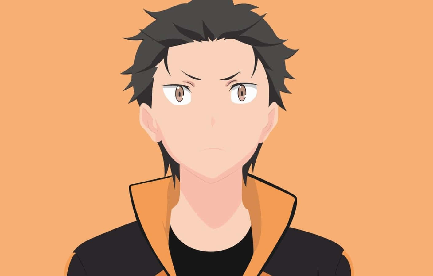 Subaru Natsuki 桌布 壁紙 — 動漫角色，黑色尖刺頭髮，棕色眼睛，在簡約橙色背景上直視前方。