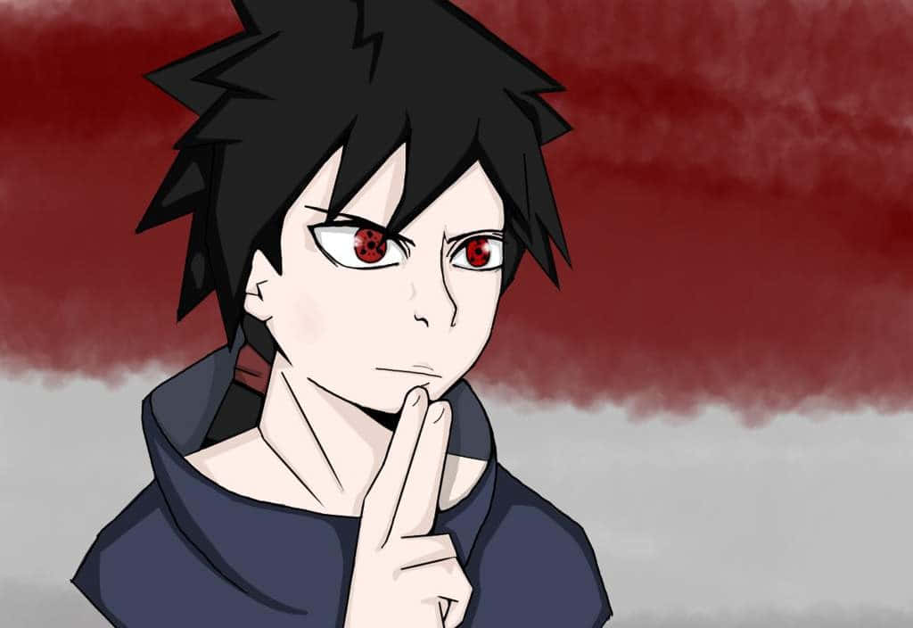 Izuna Uchiha 桌布 壁紙 — 動漫角色，黑色尖刺頭髮，紅色眼睛，手指放在嘴唇上，背景為紅色和灰色。