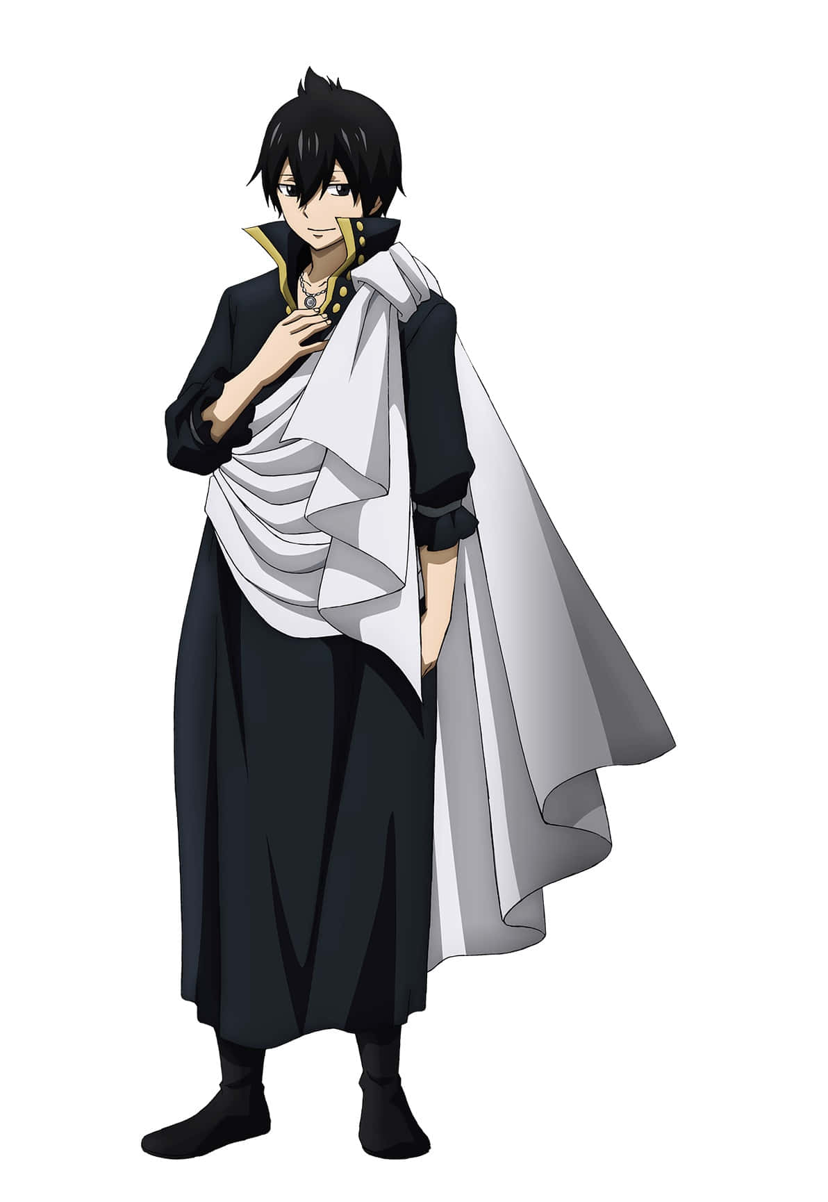 Zeref Dragneel 桌布 壁紙 — 動漫角色，黑髮，白色披風，自信地穿著黑色服裝，站在純白色背景前。