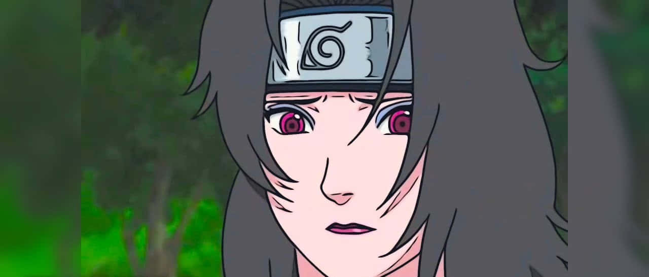 Kurenai Yuhi 桌布 壁紙 — 動漫角色，黑髮紅眼，戴著有螺旋符號的頭帶，背景是模糊的綠色森林。