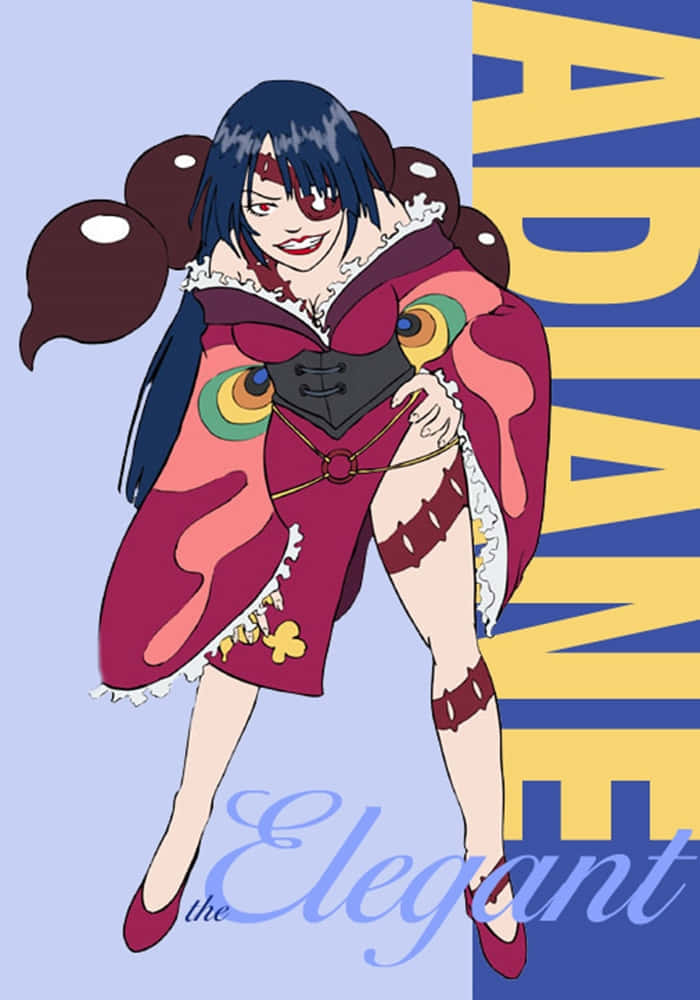 Gurren Lagann Adiane 桌布 壁紙 — 動漫角色Adiane身穿鮮紅色蓬袖外套和黑色束腰，在藍色背景上自信地擺姿勢，背景上有粗體黃色文字。