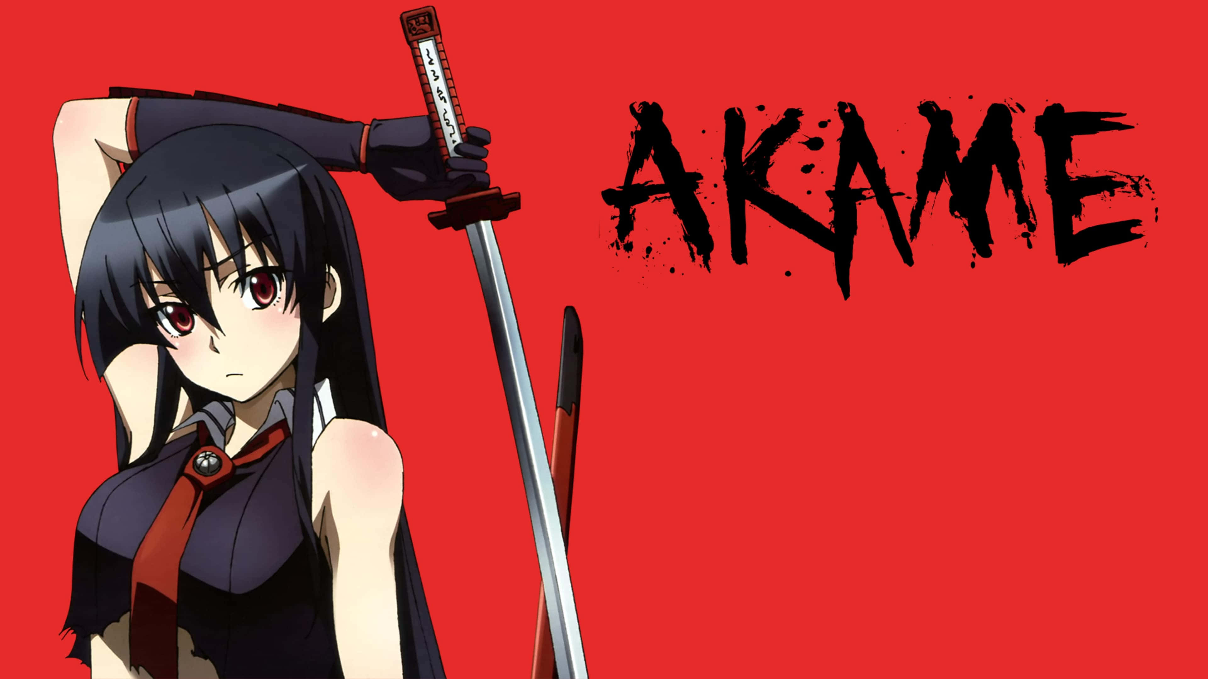 Akame Ga Kill 4K 桌布 壁紙 — 動漫角色Akame手持武士刀，在鮮紅色背景上擺出姿勢，她的名字以粗糙的黑色字體呈現。