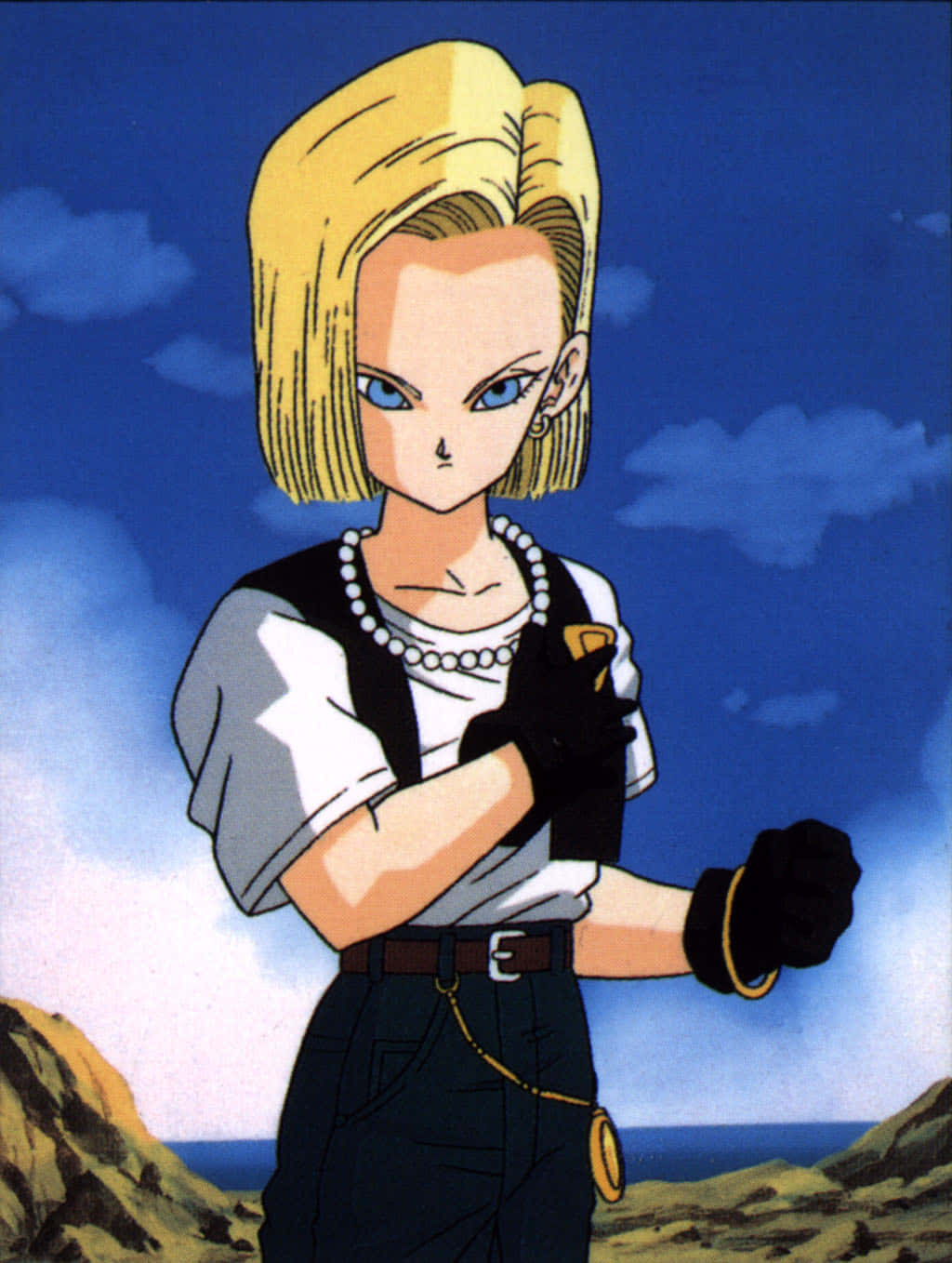 Dragon Ball Characters 桌布 壁紙 — 動漫角色Android 18自信地交叉雙臂，背景是藍天和岩石海岸線。