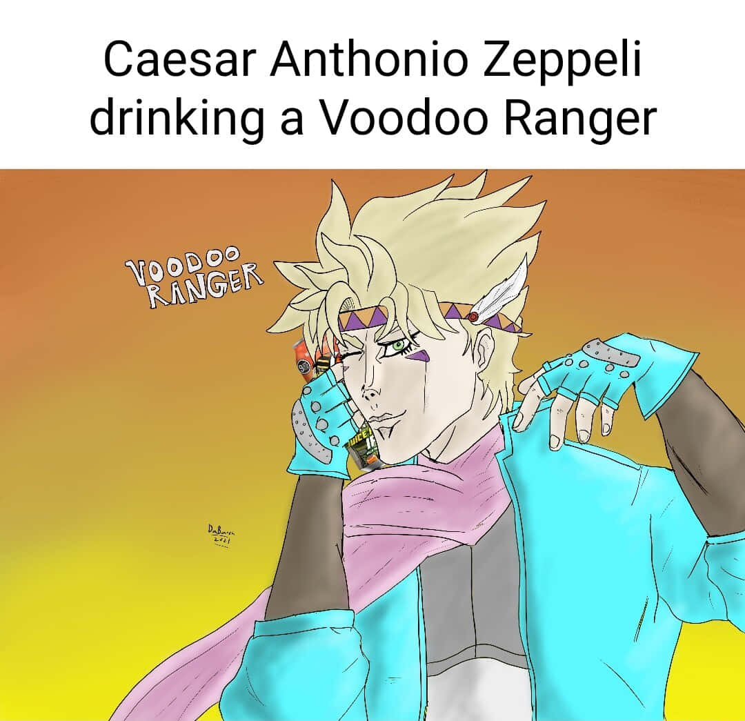 Caesar Anthonio Zeppeli 桌布 壁紙 — 動漫角色Caesar Zeppeli在溫暖漸變的日落天空下啜飲Voodoo Ranger啤酒。