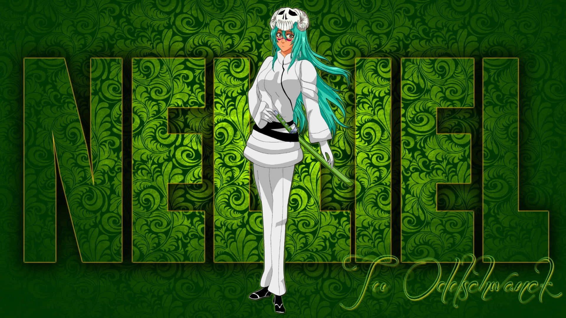 Nelliel Tu Odelschwanck 桌布 壁紙 — 動漫角色Neliel Tu Odelschwank身穿白色制服，站在華麗的綠色背景前，她的名字以大字母顯示。