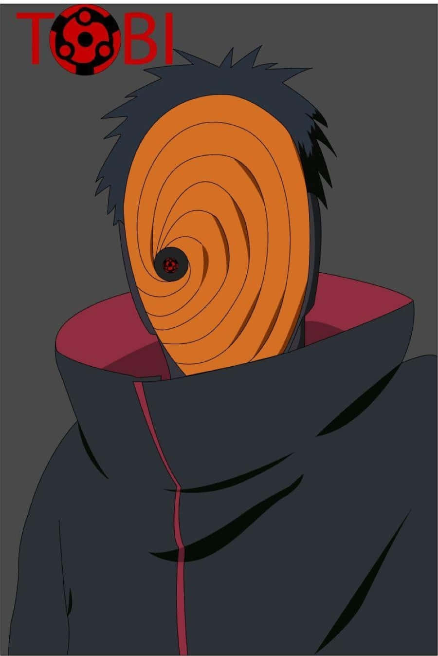 Akatsuki Tobi 桌布 壁紙 — 動漫角色Tobi戴著橙色螺旋面具，上面有紅色眼睛標誌，背景為深灰色。