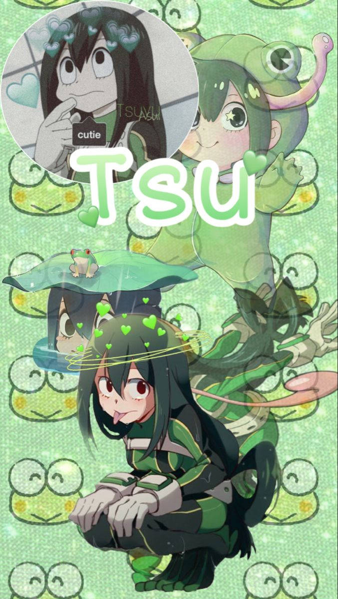 Green Aesthetic My Hero Academia Cute Tsuyu 壁紙 — 動漫角色Tsu穿著青蛙主題服裝，被微笑的青蛙臉包圍在綠色背景上。