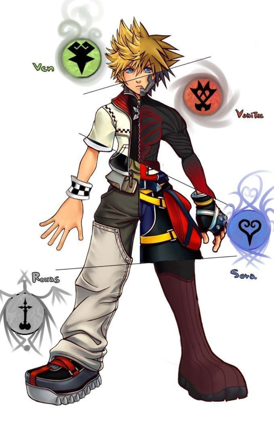 Kingdom Hearts Ventus 桌布 壁紙 — 動漫角色Ven以動態姿勢站立，四個Kingdom Hearts符號漂浮在他周圍，背景為白色。