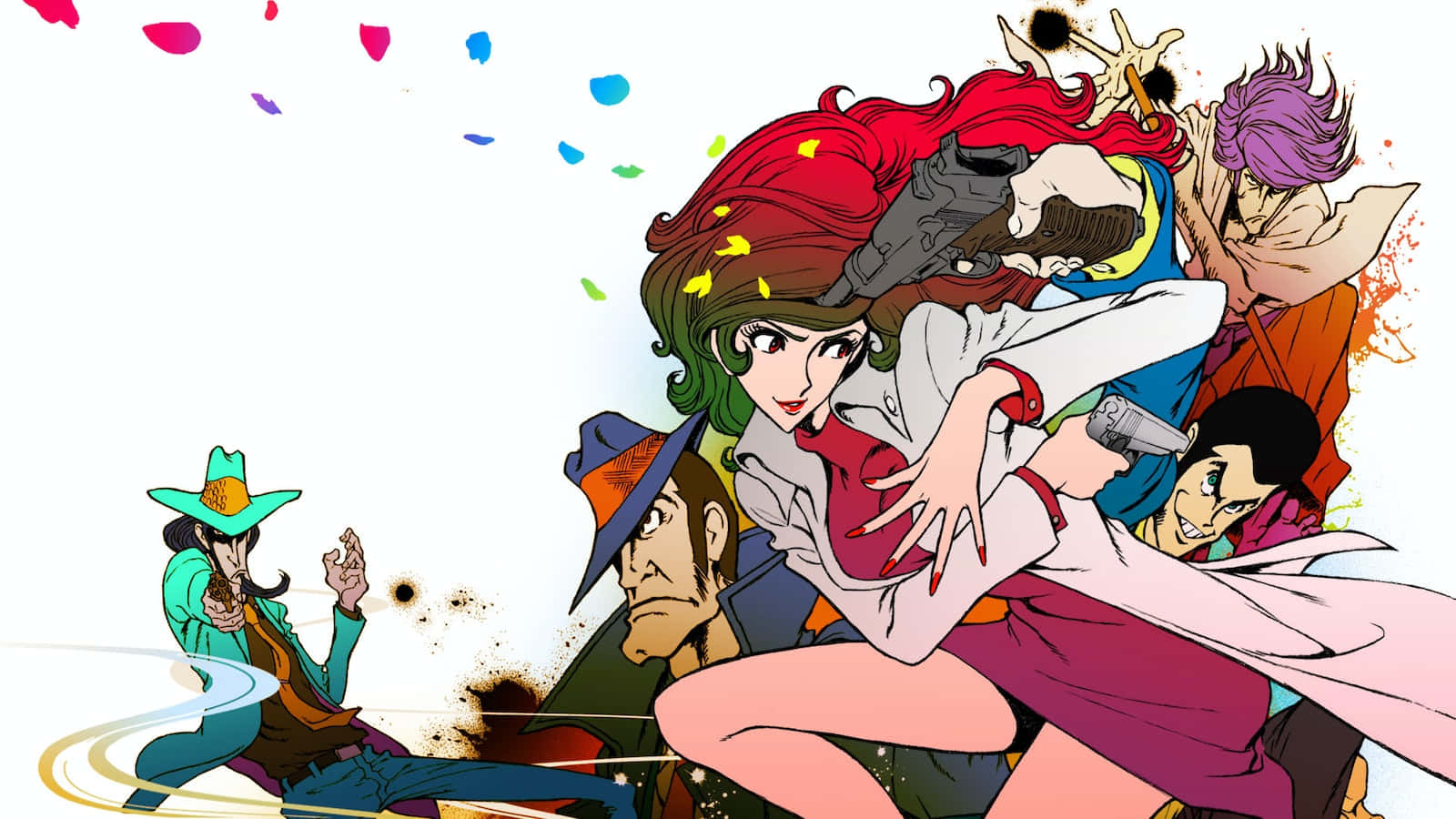 Mine Fujiko 桌布 壁紙 — 動漫角色以動感姿勢持槍，周圍有彩色紙屑飛舞。