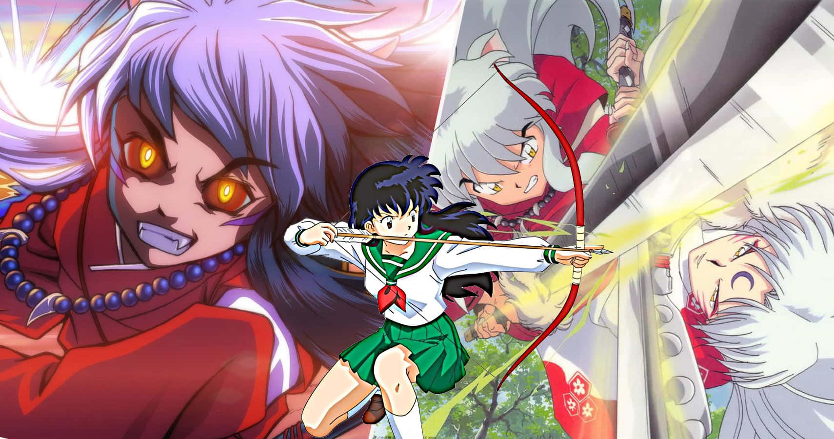 Inuyasha Yokai 桌布 壁紙 — 動漫角色以動態動作姿勢呈現，帶有發光效果和強烈表情。