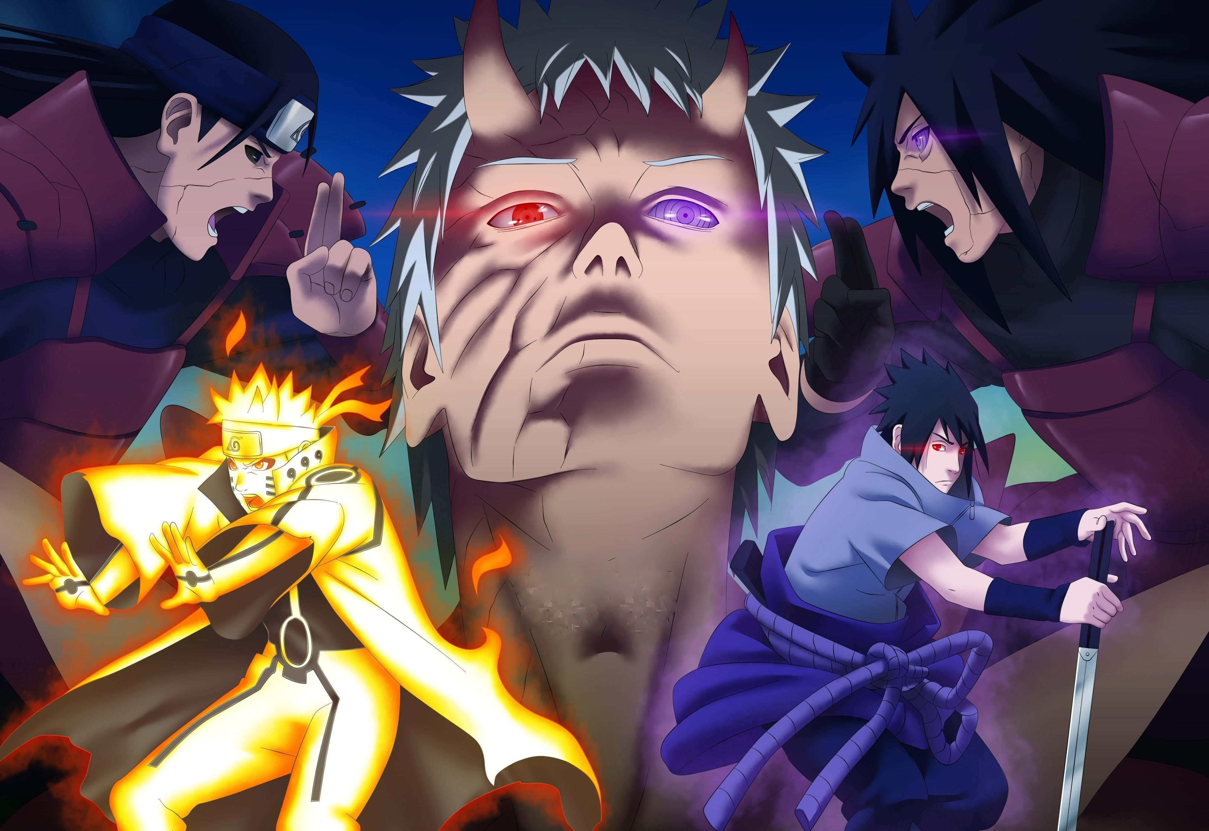 Ninja World 桌布 壁紙 — 動漫角色以強烈的戰鬥姿勢，眼睛發光，帶有火焰能量，背景為深藍色。