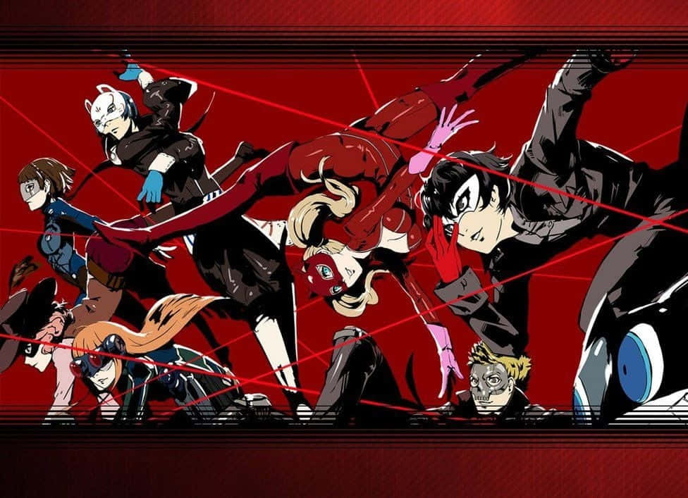 persona 桌布 壁紙 — 動漫角色以戰鬥姿勢對抗帶有激光束的鮮紅色背景。
