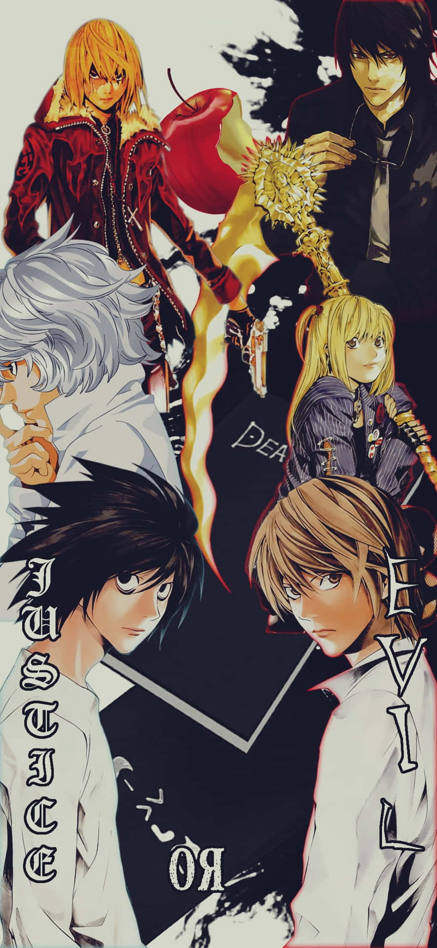Teru Mikami 桌布 壁紙 — 動漫角色以戲劇性姿勢，手持紅蘋果和火焰劍，背景為深色。