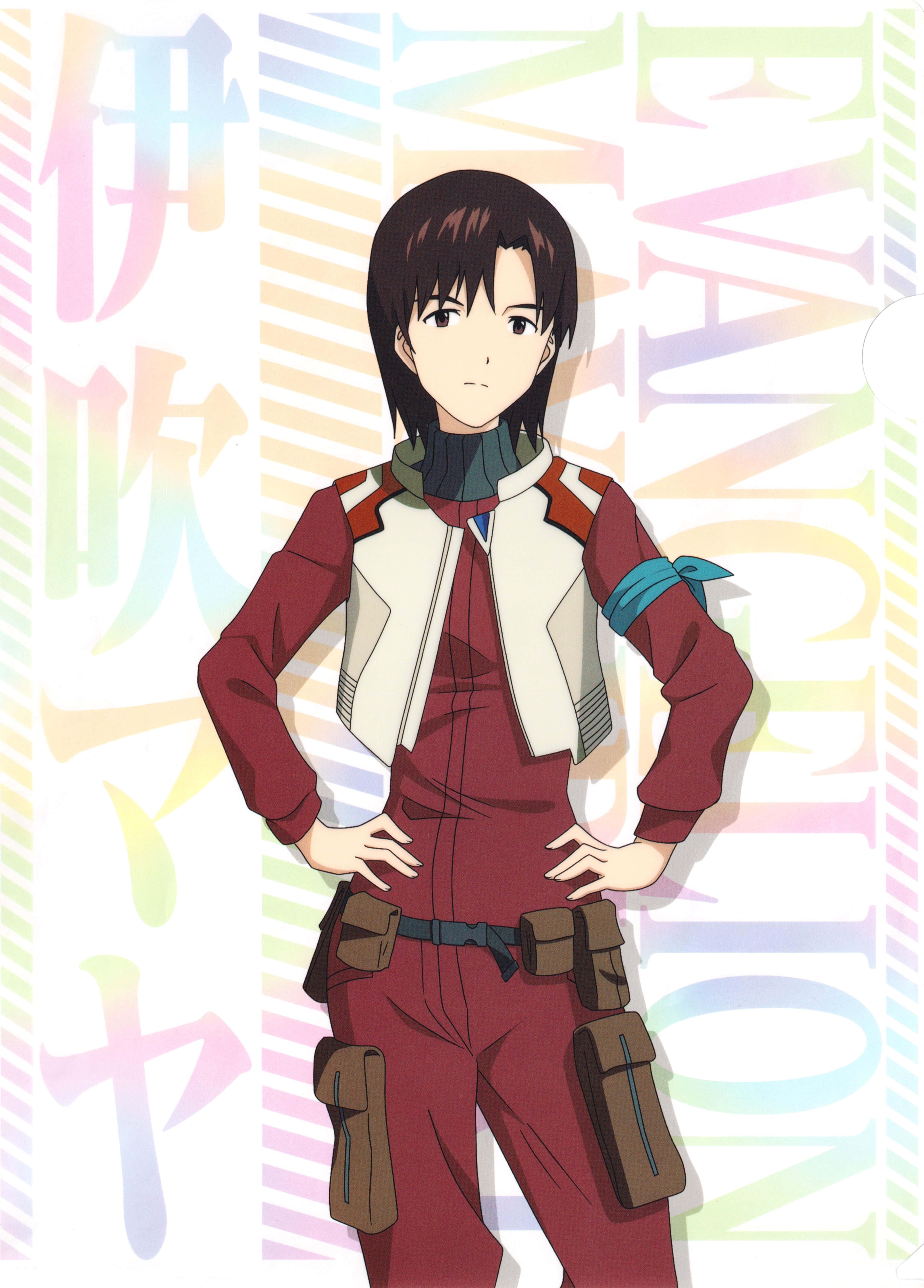 Maya Ibuki 桌布 壁紙 — 動漫角色伊吹麻耶自信地穿著紅白制服，站在帶有日文字句的彩色漸變背景前。