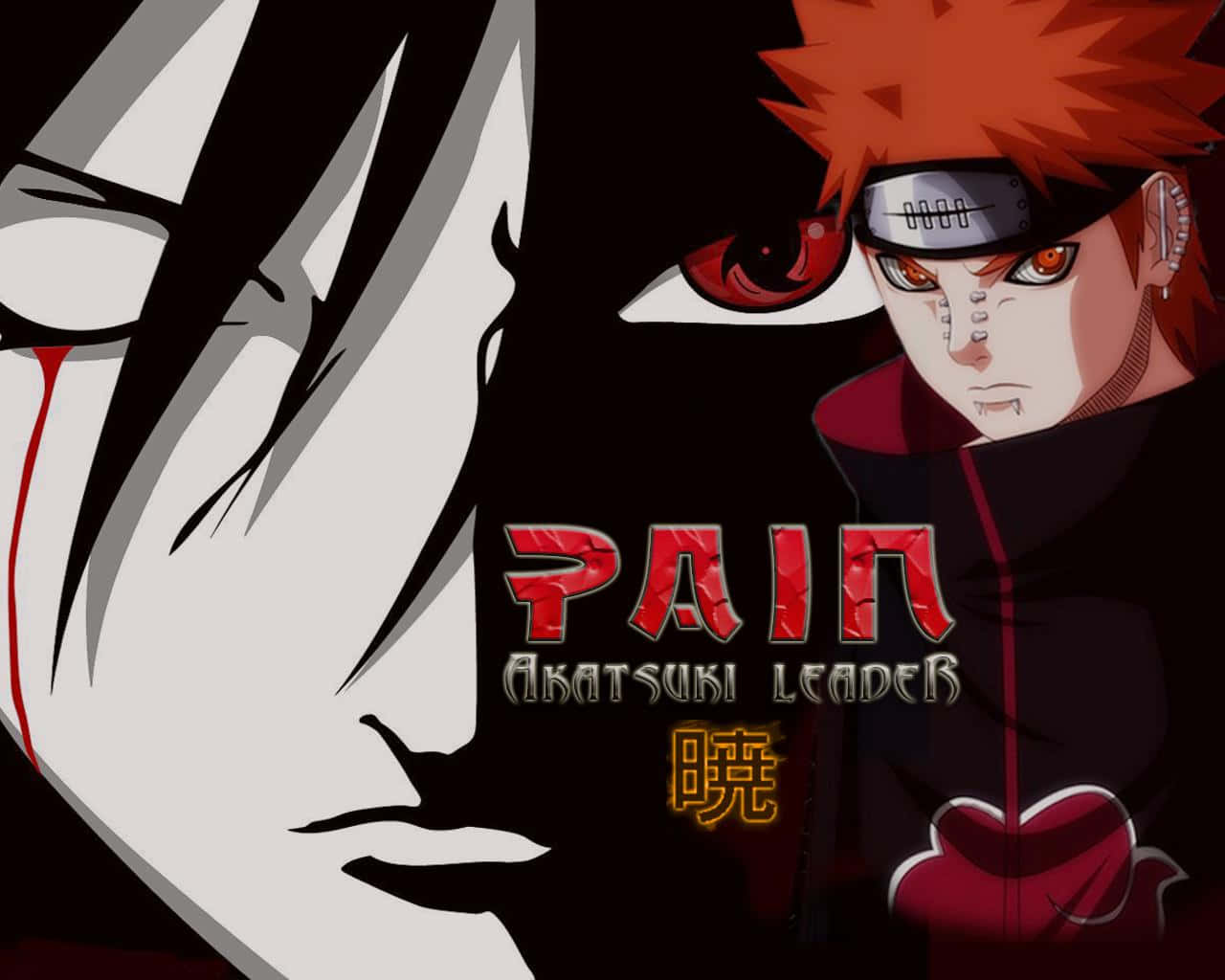 Akatsuki Yahiko 桌布 壁紙 — 動漫角色佩恩與他紅眼的對手在深色背景上對峙，並帶有粗體紅色文字。