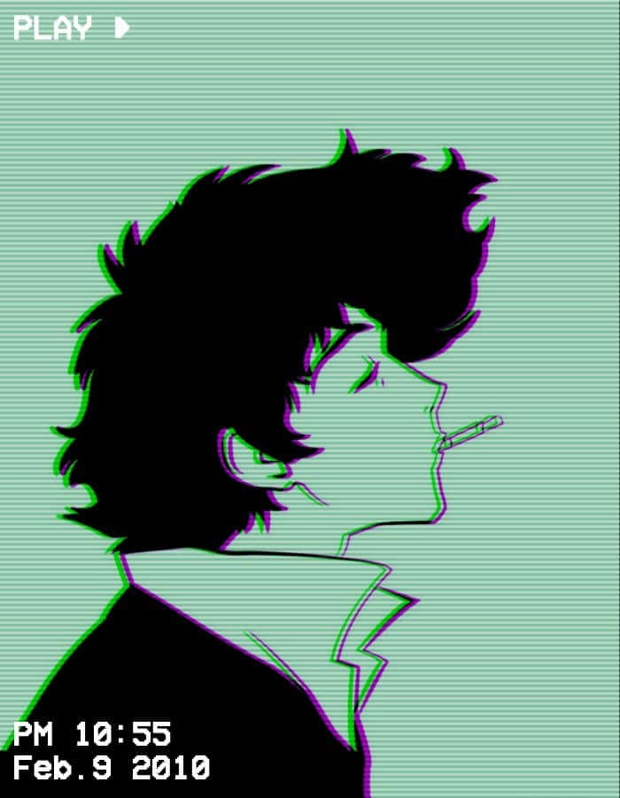 Spike Spiegel 桌布 壁紙 — 動漫角色側面剪影在綠色掃描線背景上吸煙，帶有數位故障效果。