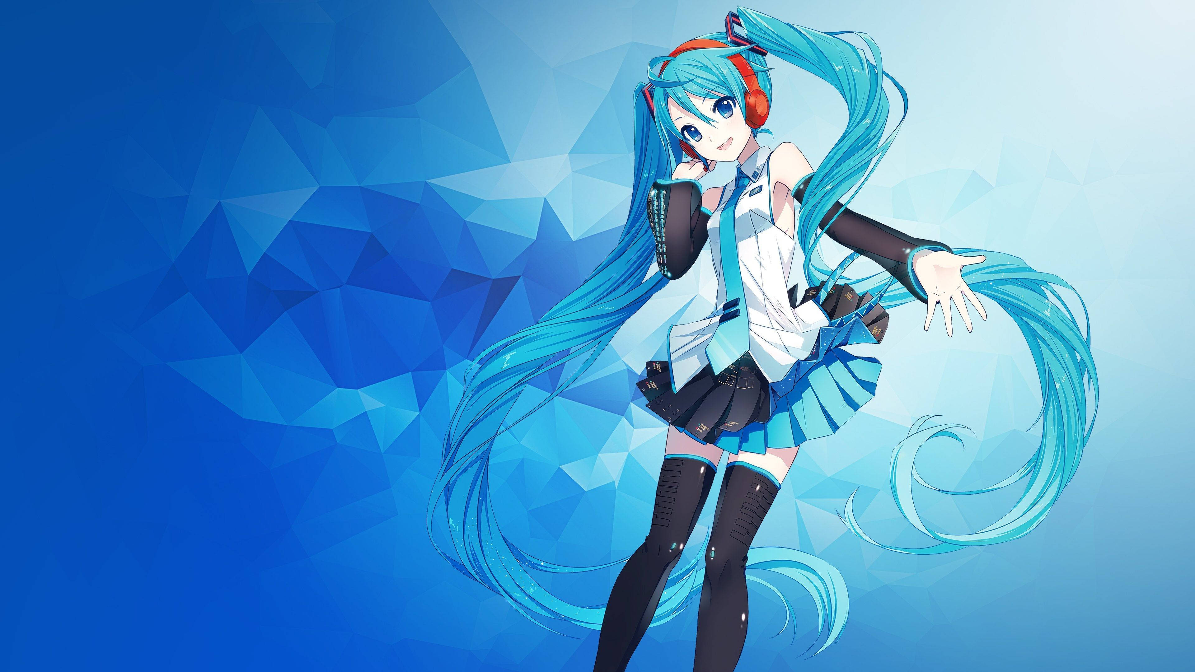 動漫女孩 桌布 壁紙 — 動漫角色初音未來，擁有藍綠色雙馬尾和紅色耳機，在藍色多邊形背景前跳舞。