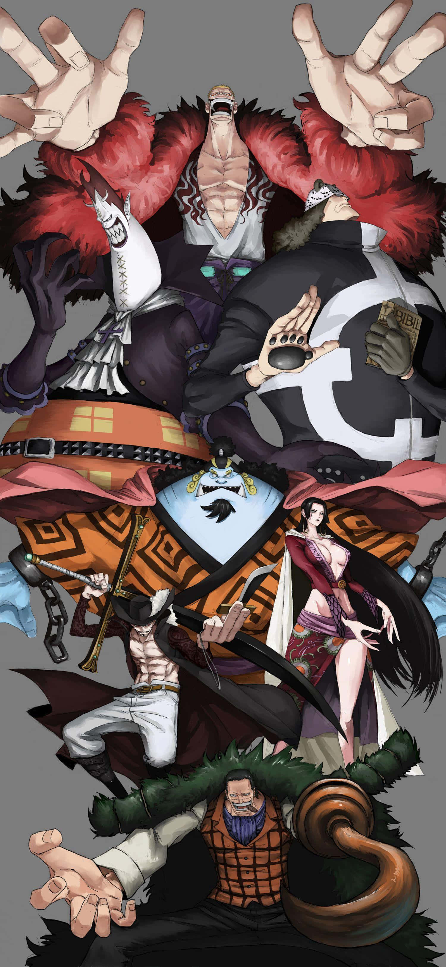 gecko moria 桌布 壁紙 — 動漫角色動態十足，姿勢誇張，服飾鮮豔，背景為純灰色。