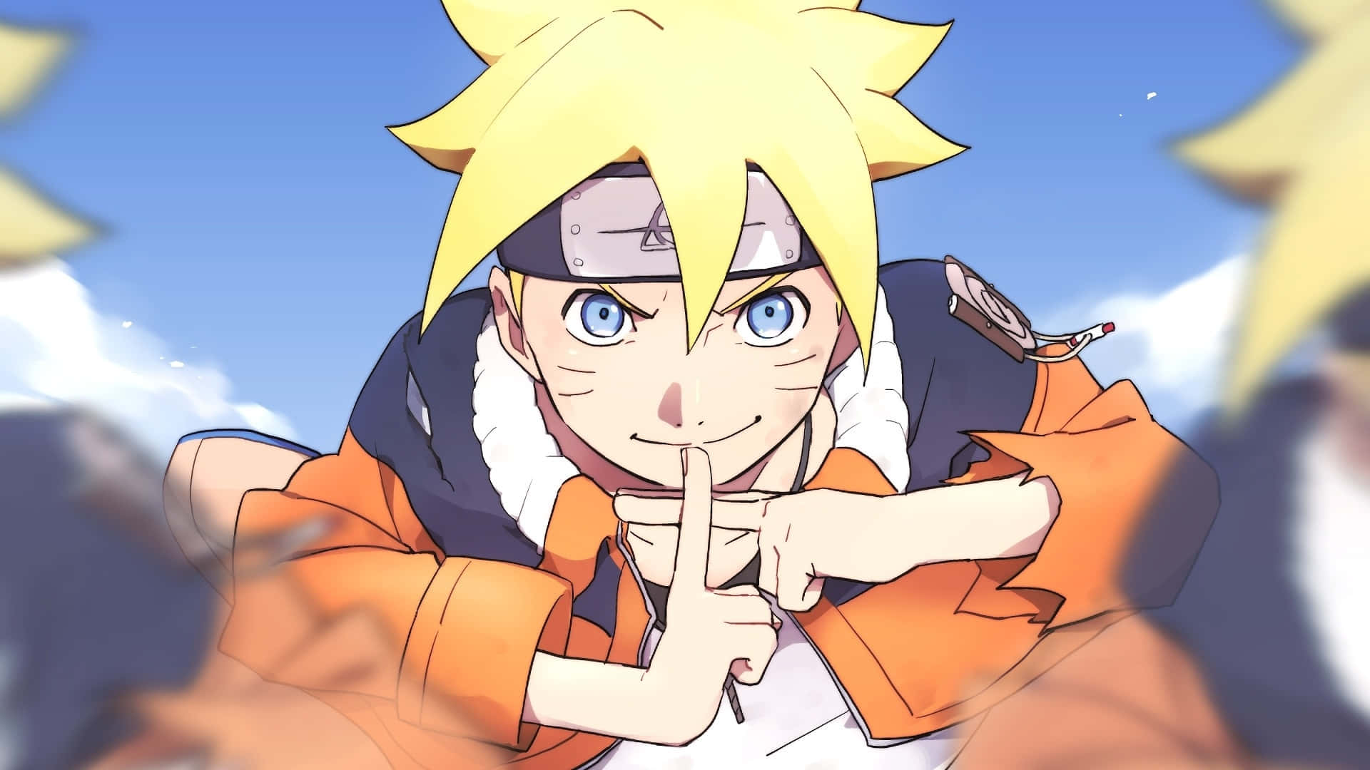 Boruto Naruto Next Generations 桌布 壁紙 — 動漫角色博人穿著橙色外套，在藍天白雲下做出噤聲手勢。