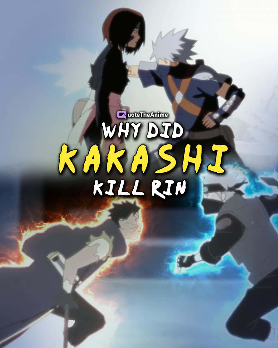 Kakashi And Rin 桌布 壁紙 — 動漫角色卡卡西和凜在戲劇性的戰鬥場景中對峙，帶有火和冰的查克拉效果。