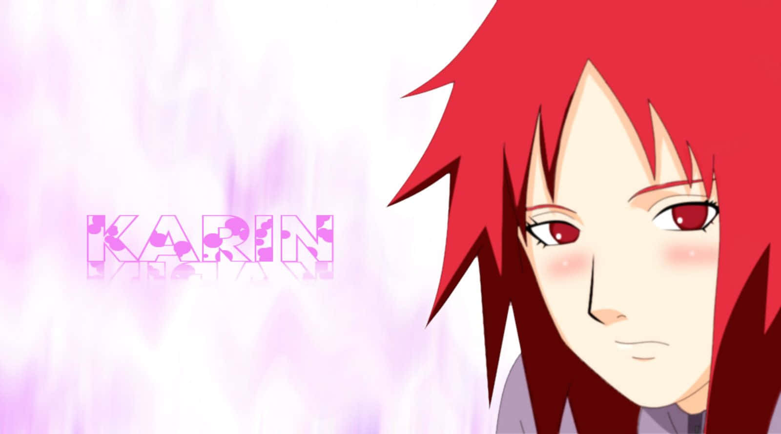 Karin Uzumaki 桌布 壁紙 — 動漫角色卡琳，擁有尖刺的紅髮和紅眼睛，在柔和的紫色和白色背景下平靜地凝視。
