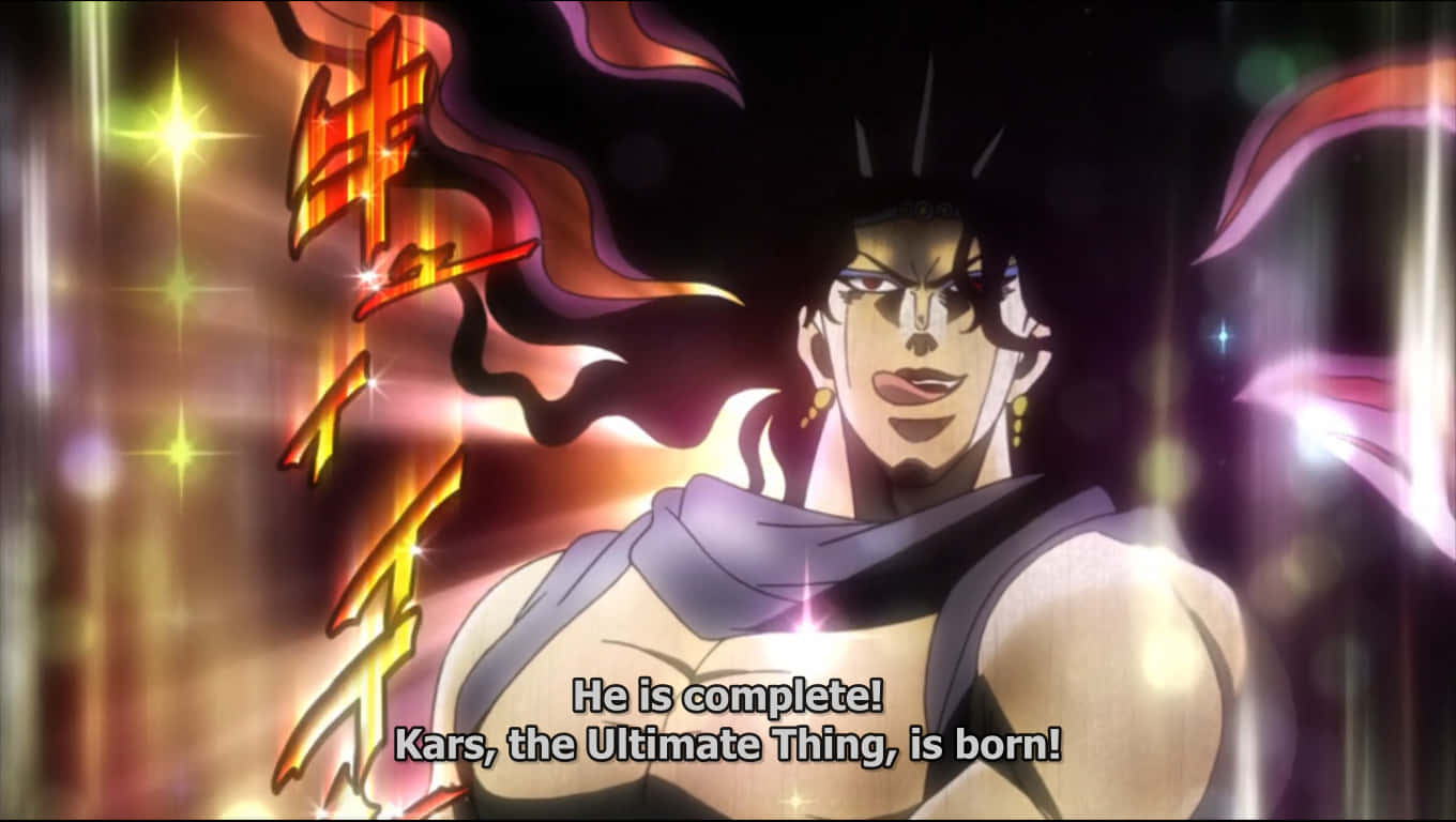 Jojo's Bizarre Adventure Kars 桌布 壁紙 — 動漫角色卡茲（Kars）在閃爍的金色背景下，以發光的頭髮和熾熱的能量出現。