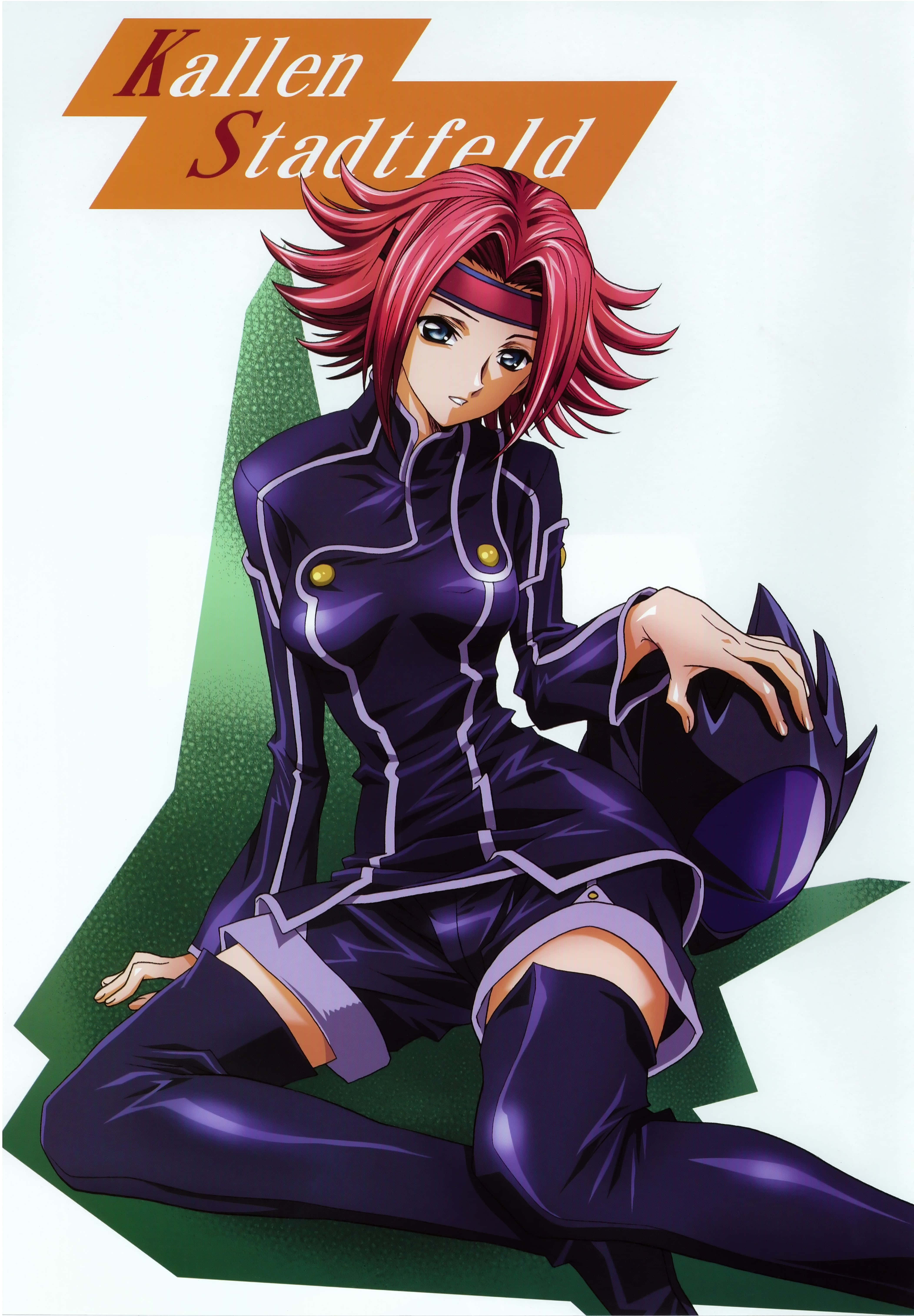 Kallen Stadtfeld 桌布 壁紙 — 動漫角色卡蓮·施塔特費爾德（Kallen Stadtfeld）擁有尖刺粉紅色頭髮，穿著紫色服裝，自信地坐在綠色幾何背景前。