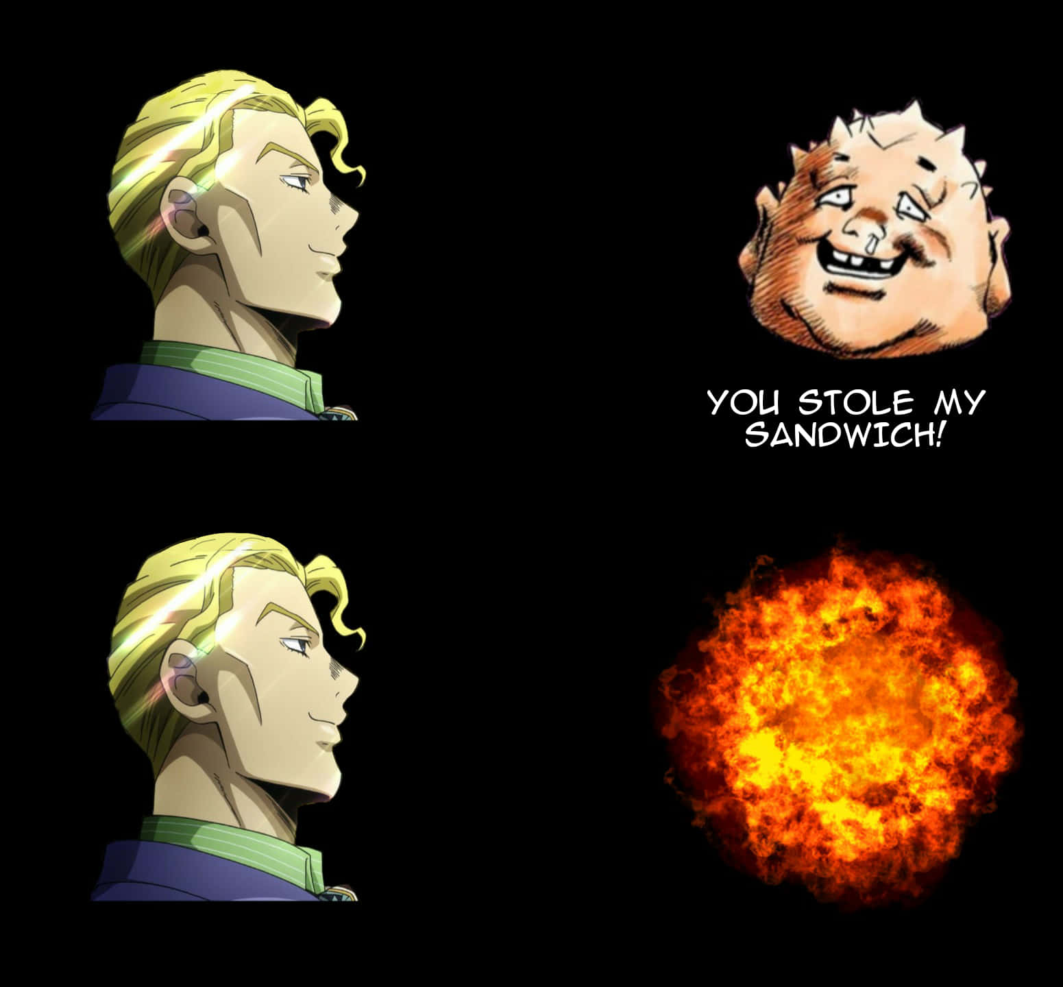 Jojo Meme 桌布 壁紙 — 動漫角色咧嘴笑，一個頭髮尖尖的男人大喊三文治被偷，隨後發生猛烈爆炸。