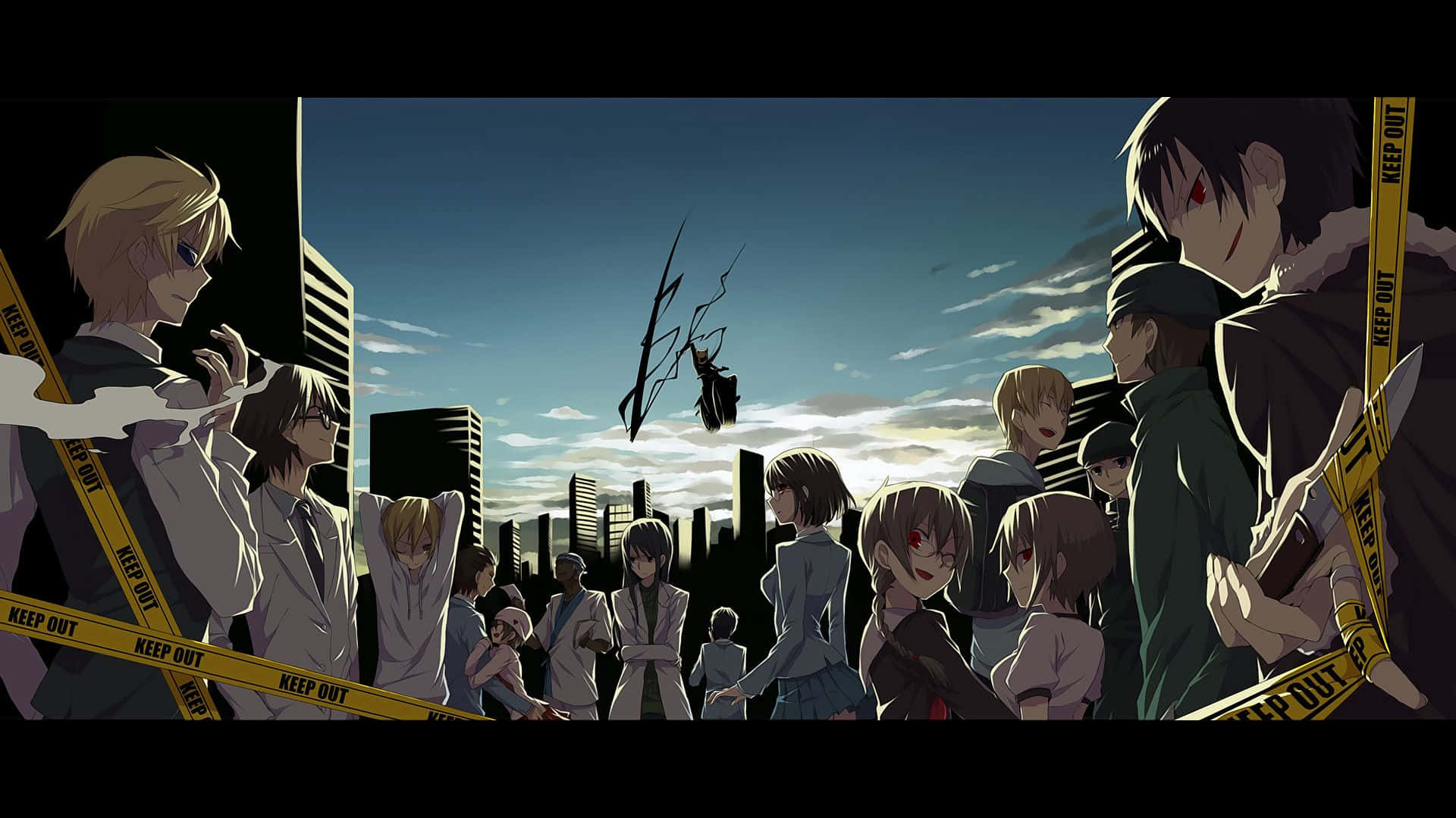 durarara 桌布 壁紙 — 動漫角色喺城市景觀中睇住一個黑色人影從天而降，而黃色警告膠帶阻擋咗場景。