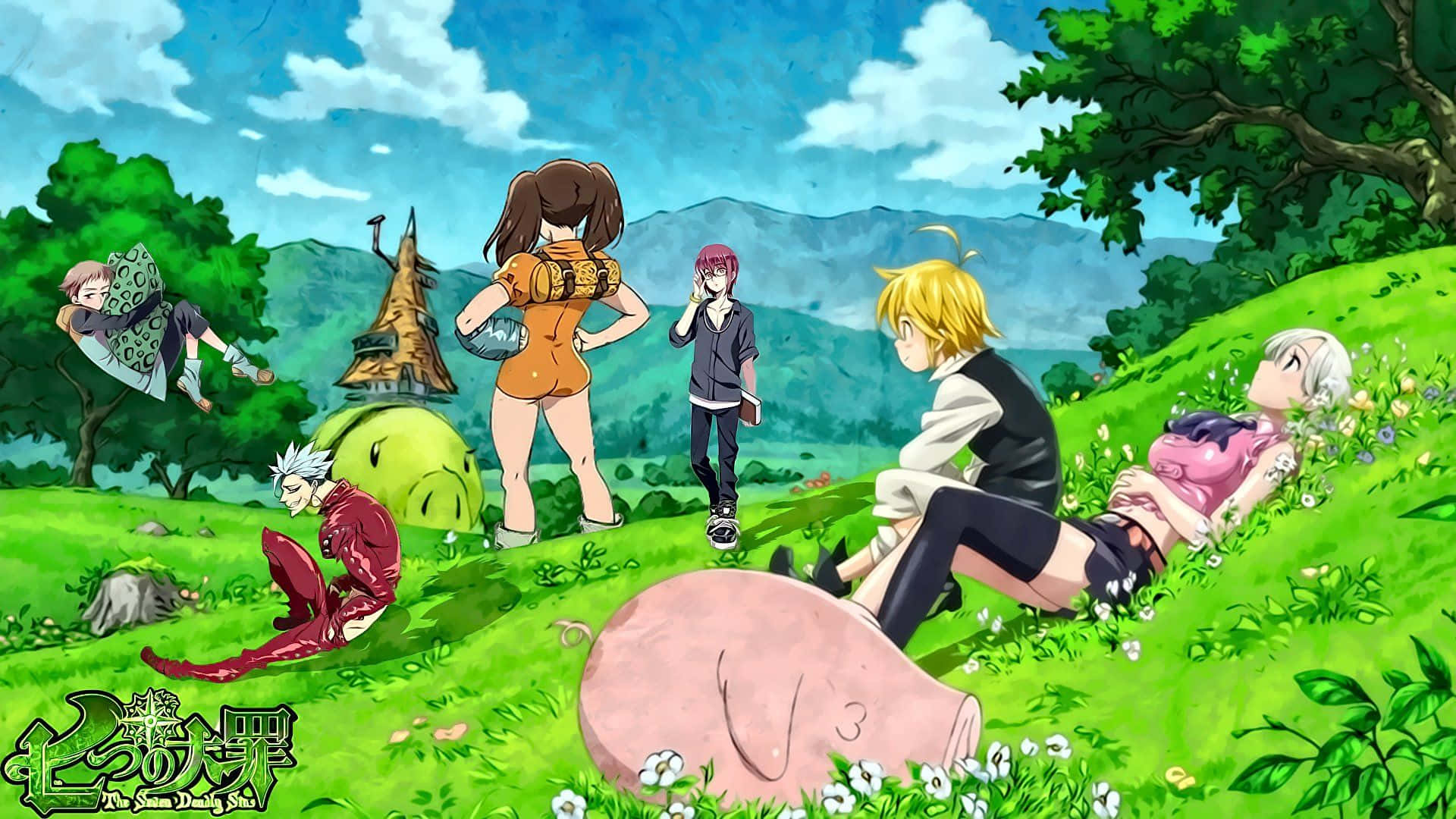 Seven Deadly Sins Elizabeth Liones 桌布 壁紙 — 動漫角色喺晴朗藍天、 fluffy 雲同遠山之下，喺充滿活力嘅綠色山坡上放鬆。