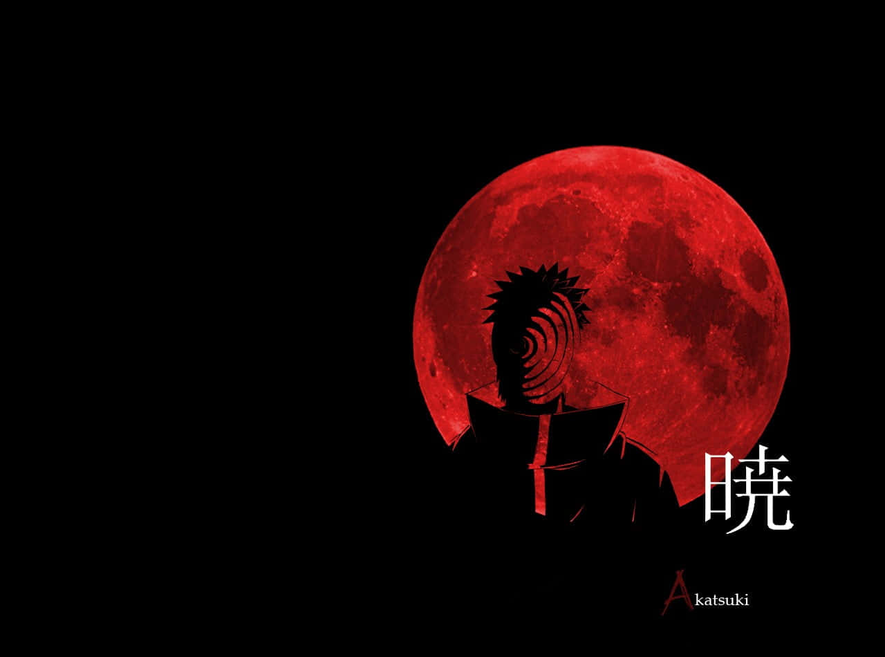 Akatsuki Ninja 桌布 壁紙 — 動漫角色嘅剪影，有尖刺頭髮，企喺一個巨大紅色月亮前面，背景係黑色虛空。